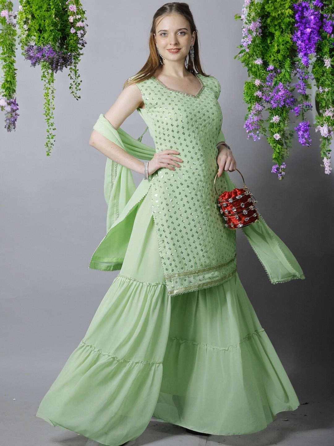 

Chhabra 555 Embroidered V-Neck Sequinned Straight Kurta With Sharara & Dupatta, Green