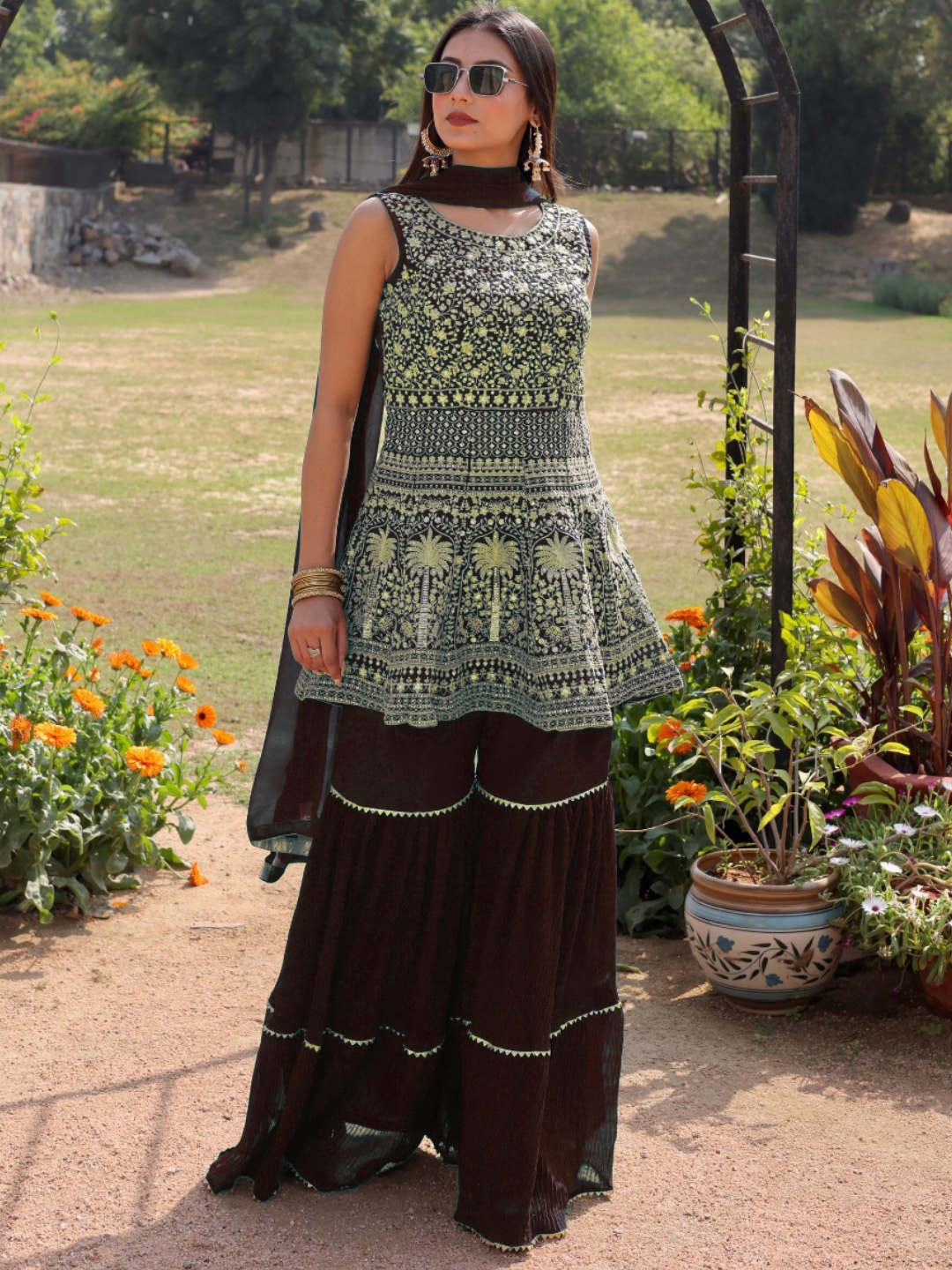 

Chhabra 555 Floral Embroidered A-Line Kurti With Sharara & Dupatta, Burgundy
