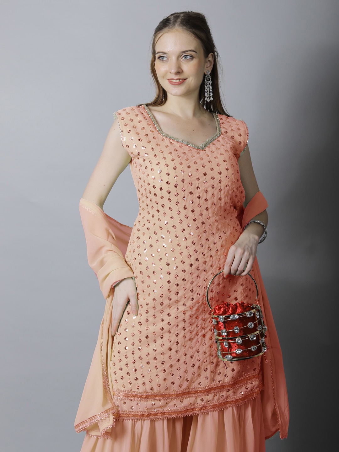 

Chhabra 555 Embroidered Round Neck Sequinned Straight Kurta With Sharara & Dupatta Set, Peach