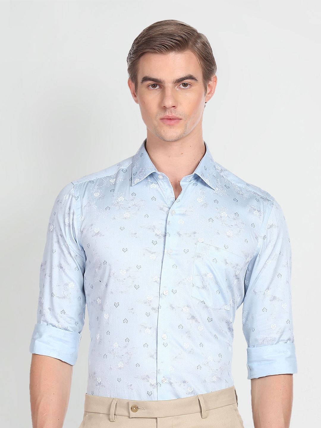 

Arrow Floral Print Spread Collar Long Sleeve Cotton Formal Shirt, Blue