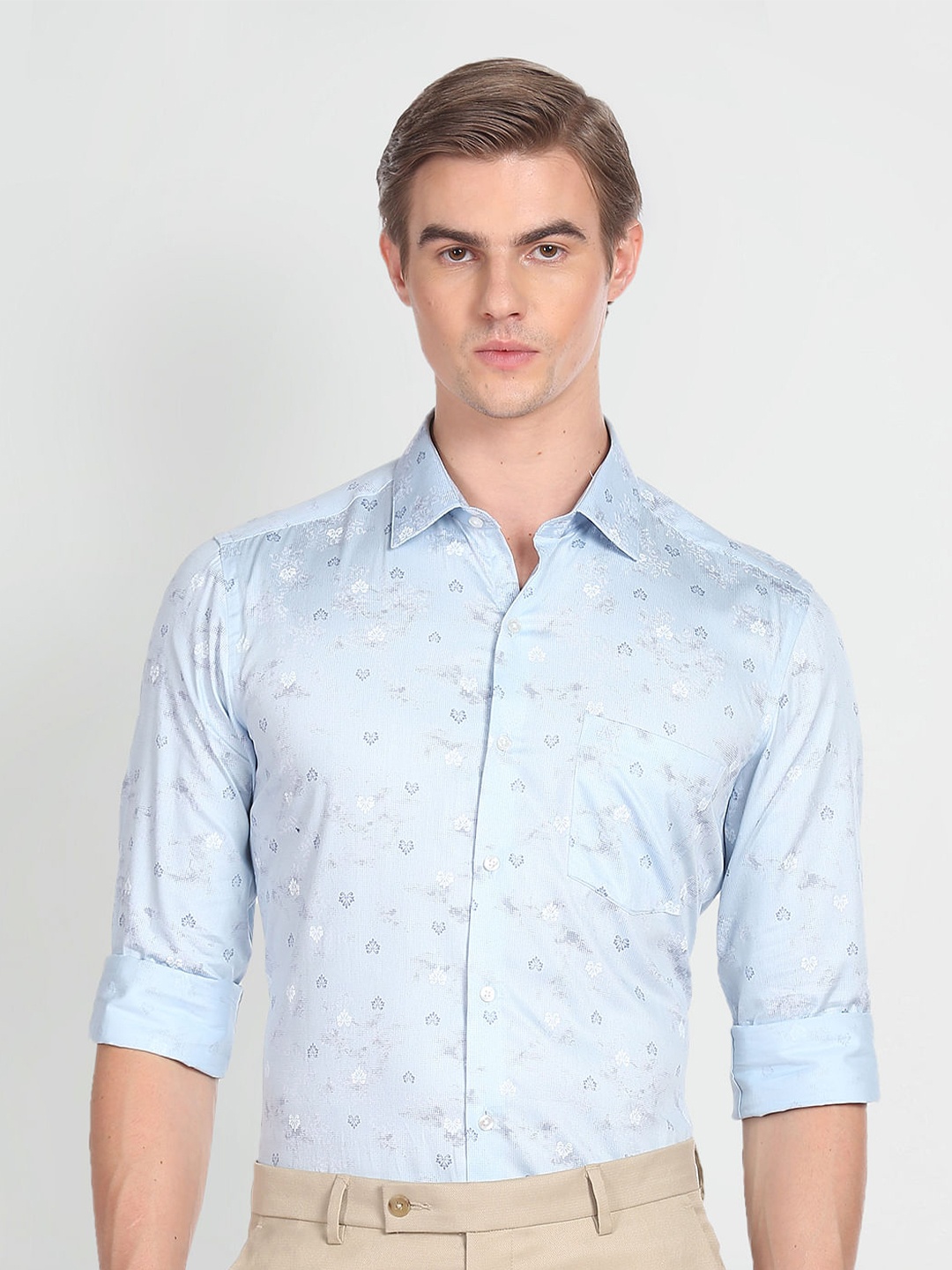 

Arrow Floral Print Spread Collar Long Sleeve Cotton Formal Shirt, Blue