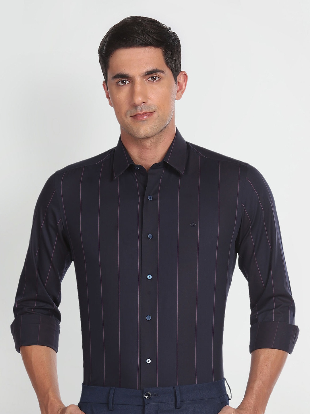 

Arrow New York Slim Fit Twill Striped Formal Pure Cotton Shirt, Purple
