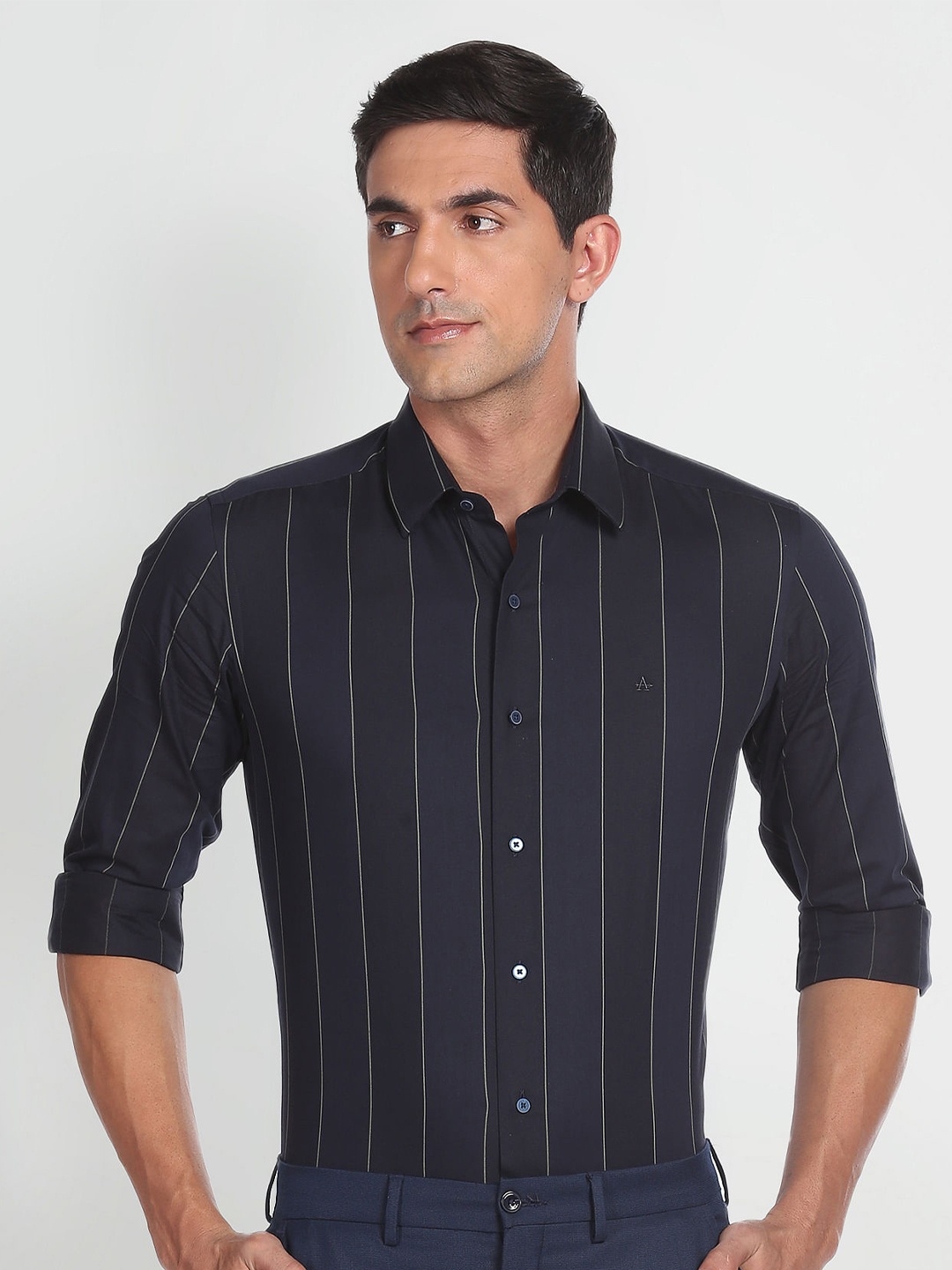 

Arrow New York Slim Fit Twill Striped Formal Pure Cotton Shirt, Navy blue