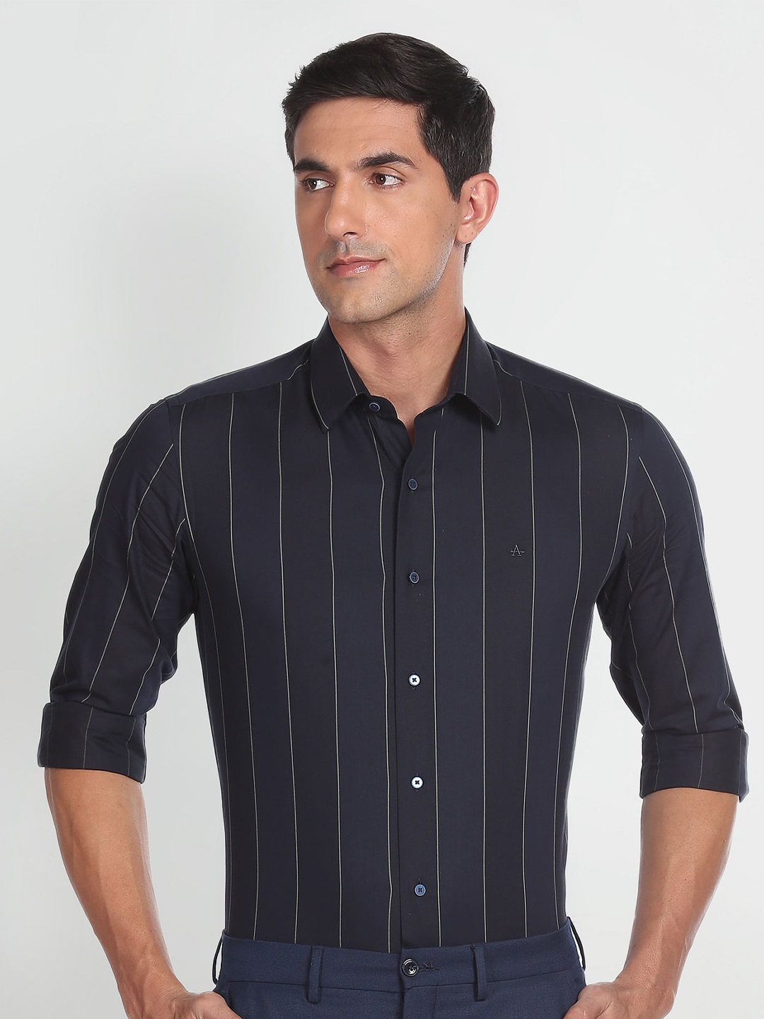 

Arrow New York Slim Fit Striped Twill Formal Pure Cotton Shirt, Navy blue