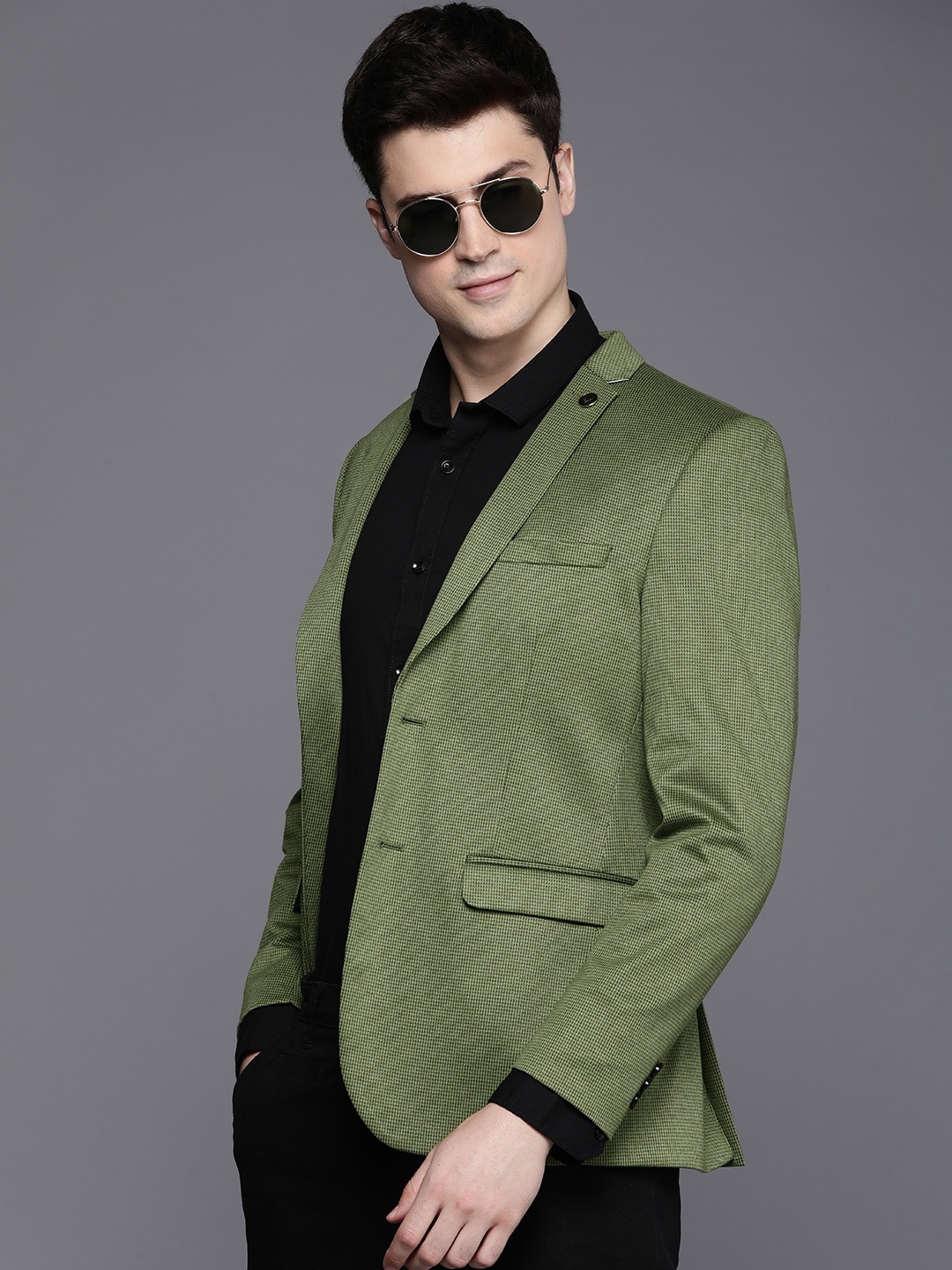 

Allen Solly Men Self Design Slim Fit Single-Breasted Casual Blazer, Olive
