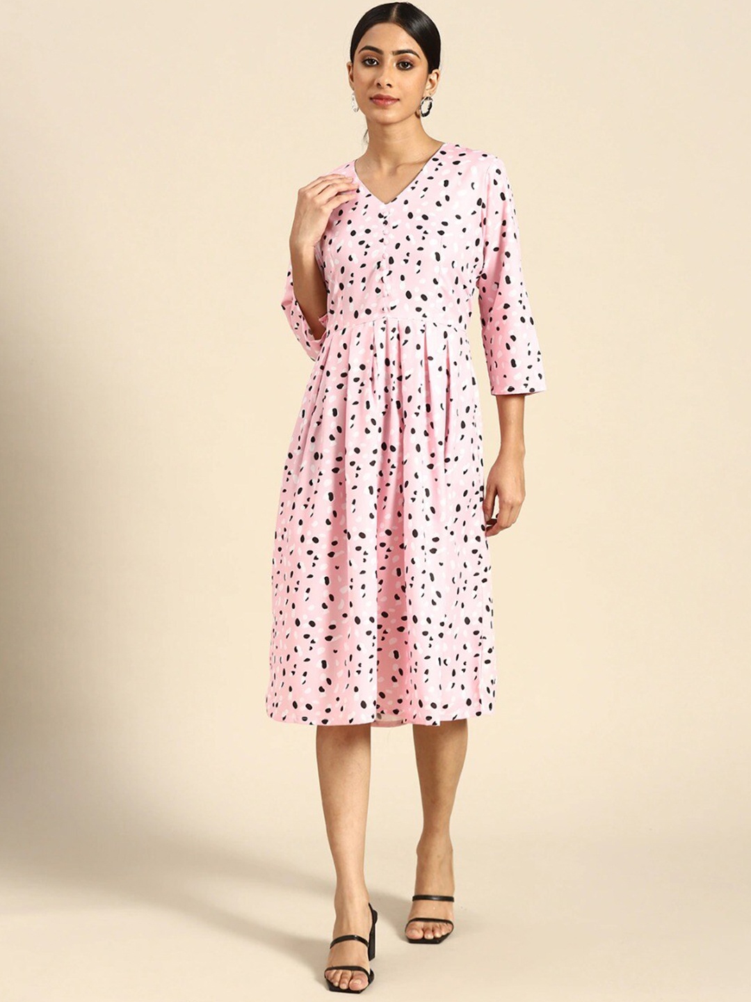 

HERE&NOW Pink & Peach-Coloured Polka Dot Printed Crepe A-Line Midi Dress