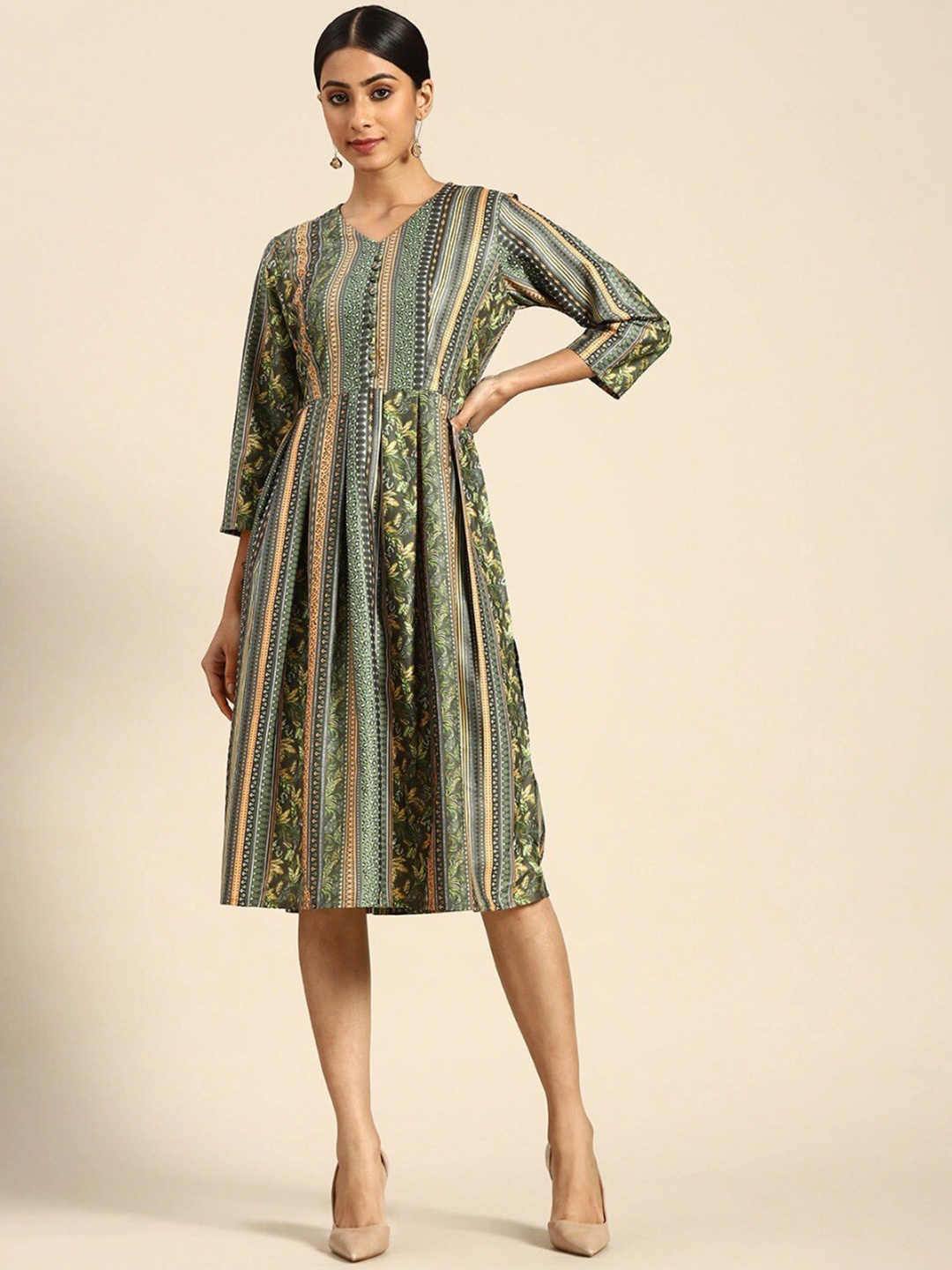 

HERE&NOW Olive Green & Beige Floral Printed Crepe A-Line Midi Dress