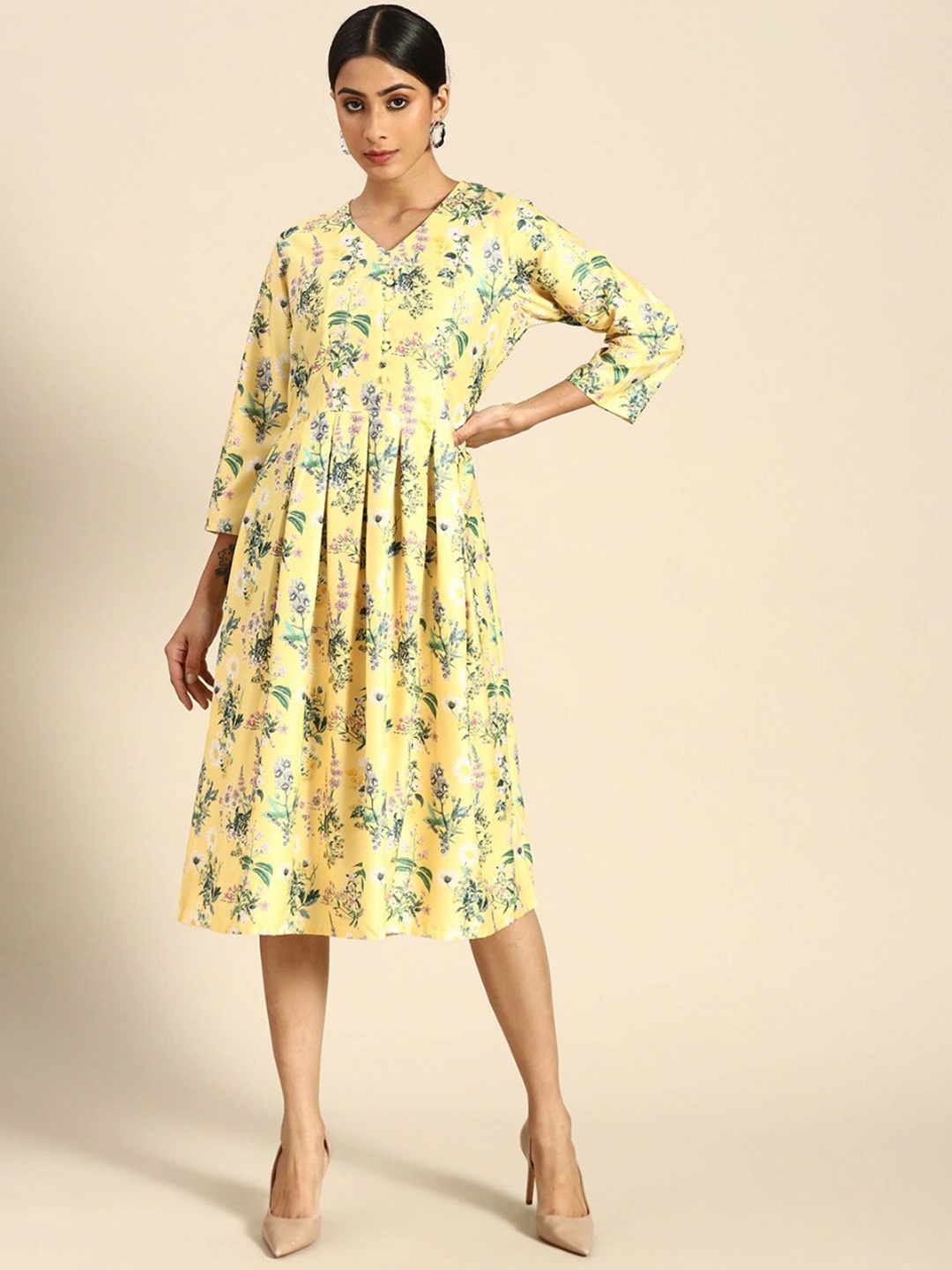 

HERE&NOW Yellow & Green Floral Printed Crepe A-Line Midi Dress, Mustard