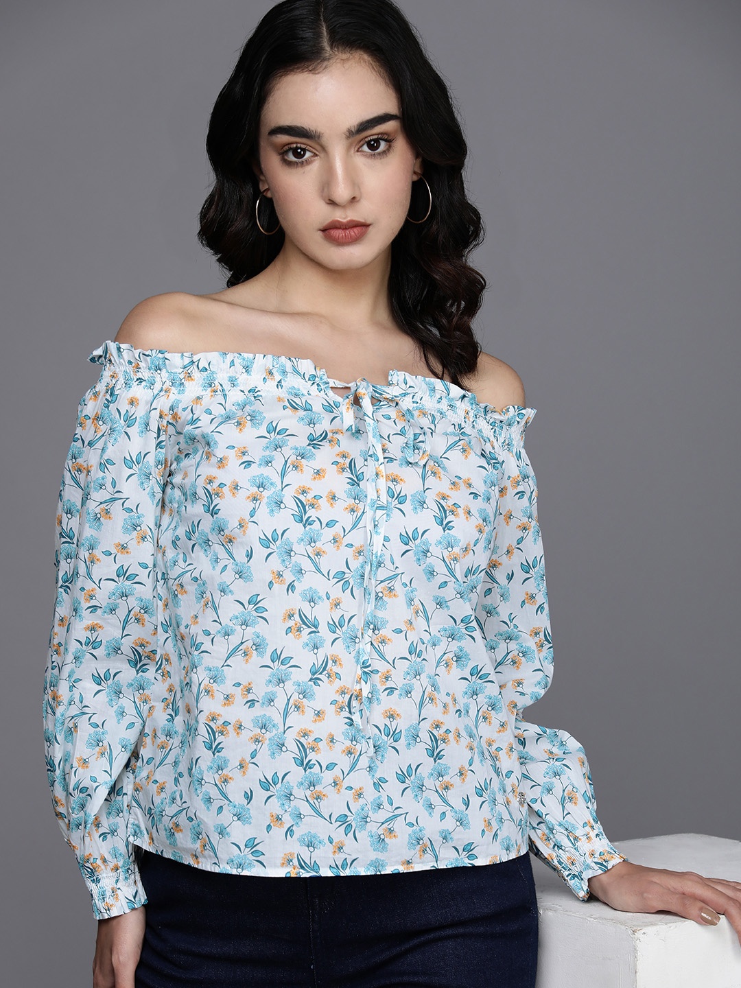 

Allen Solly Floral Print Off-Shoulder Puff Sleeves Pure Cotton Bardot Top, White