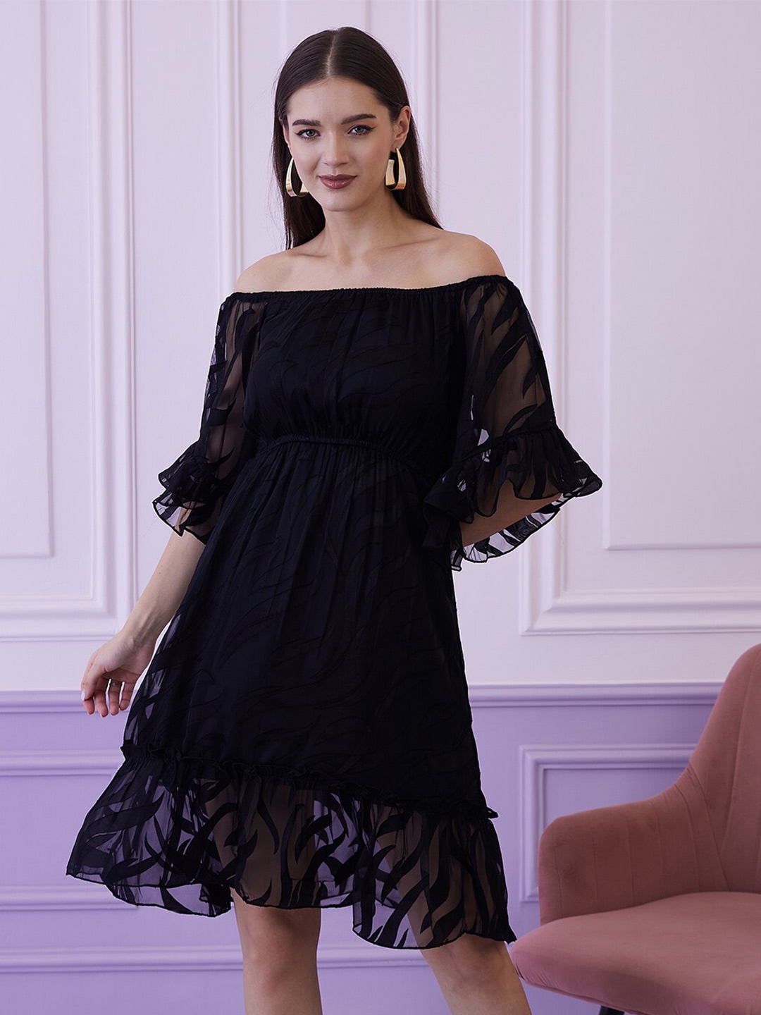 

Athena Black Self Design Off-Shoulder Bell Sleeves Chiffon A-Line Dress