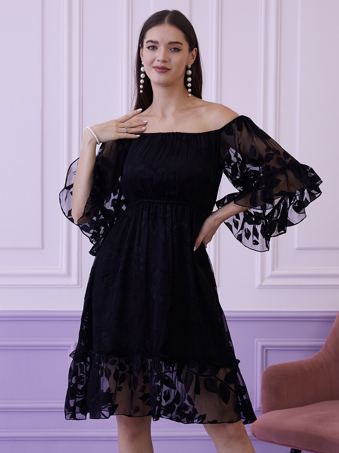 

Athena Black Self Design Bell Sleeves Chiffon A-line Dress