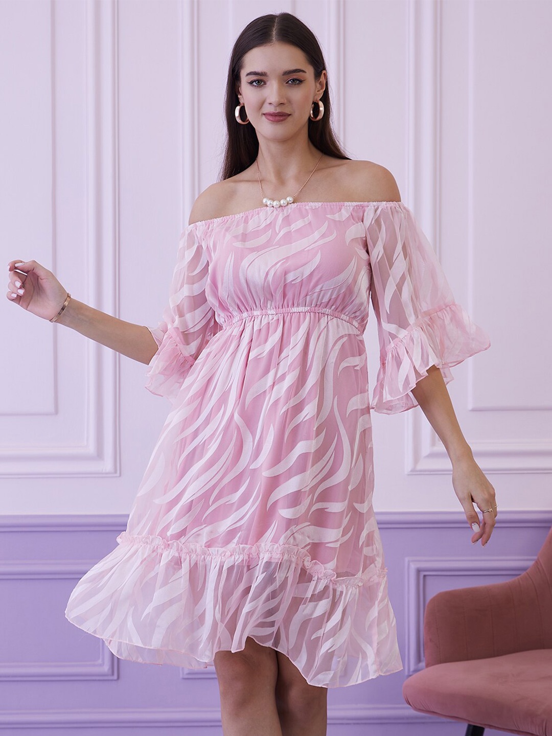 

Athena Pink Floral Off-Shoulder Bell Sleeves Chiffon A-Line Dress