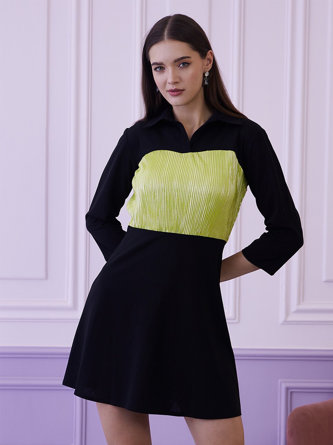 

Athena Black & Green Colourblocked Shirt Collar A-Line Dress