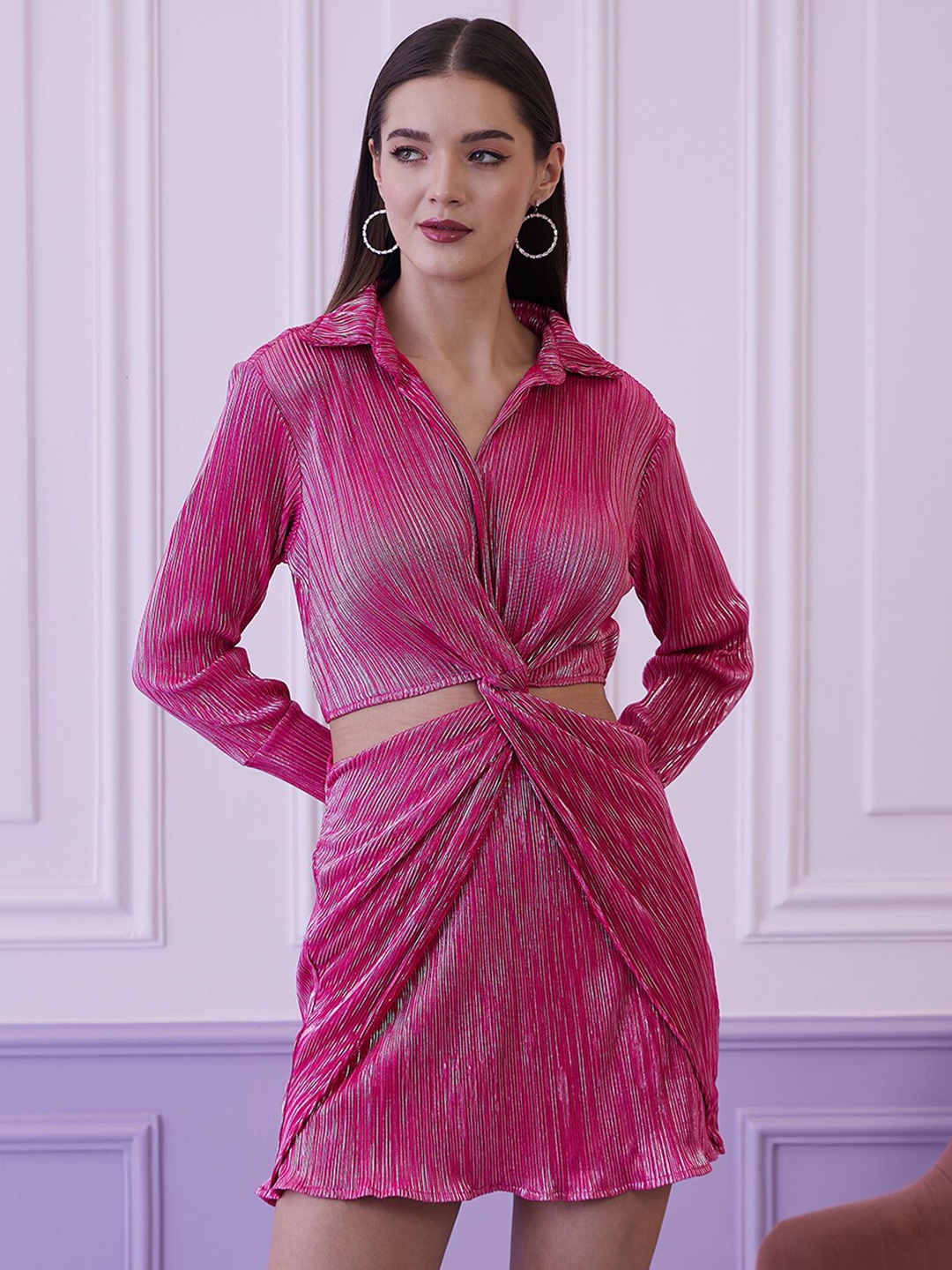 

Athena Striped Shirt Collar Cut-Outs Sheath Dress, Fuchsia