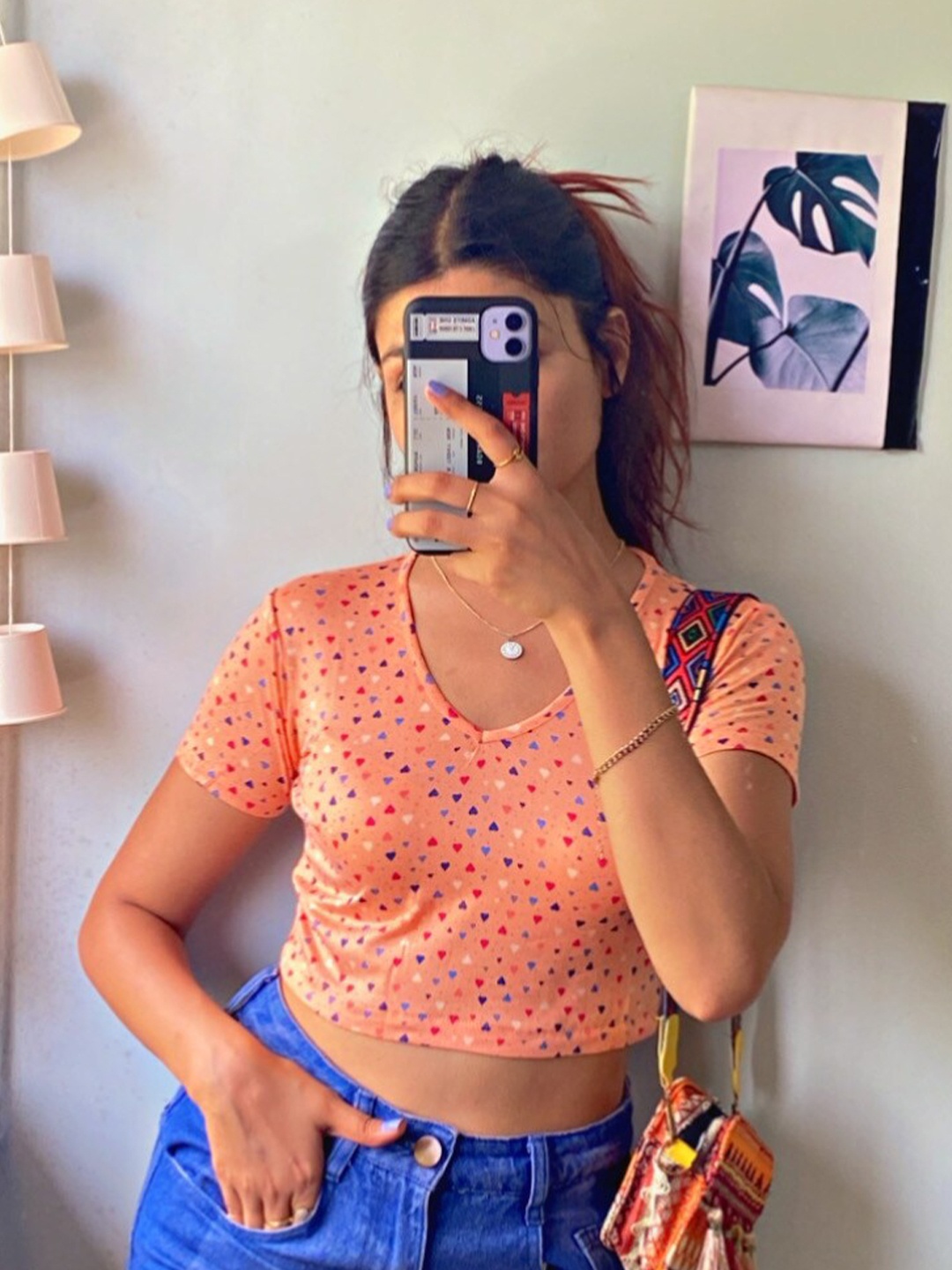

BAESD Conversational Printed V-Neck Crop Top, Coral