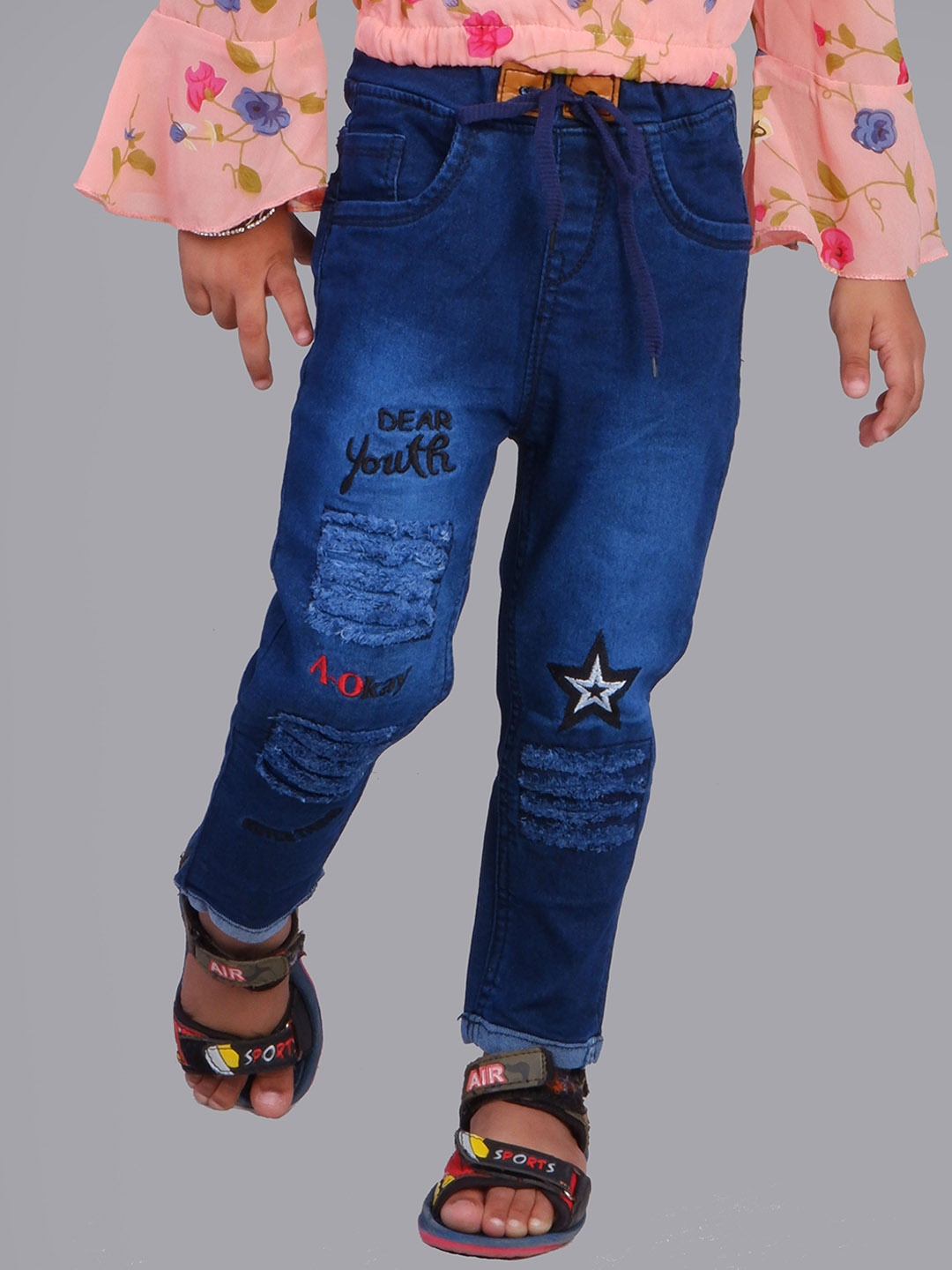 

A-Okay Girls Slim Fit High Rise Heavy Fade Highly Distressed Embroidered Stretchable Jeans, Blue