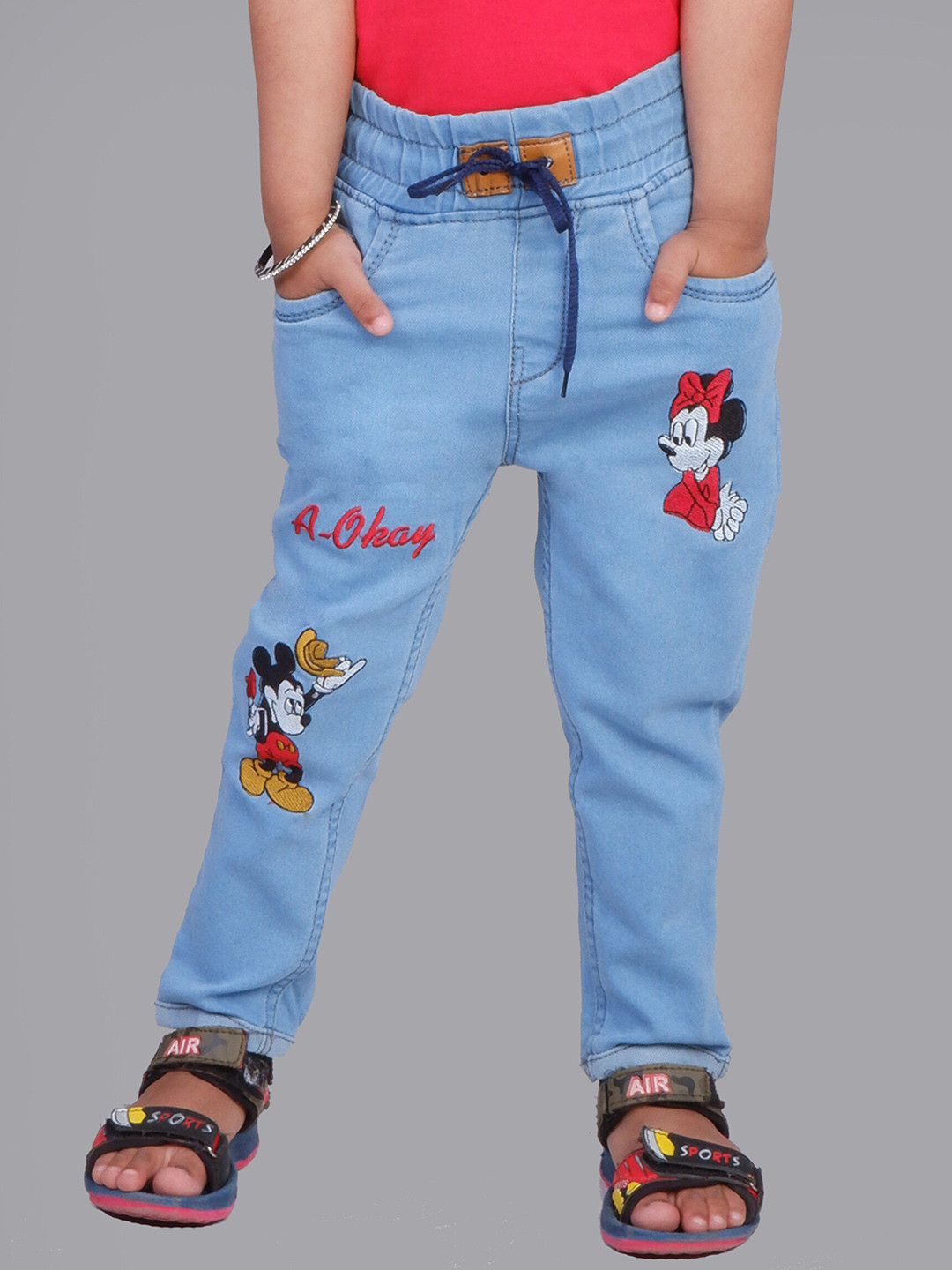 

A-Okay Girls Mickey Mouse Embroidered Slim Fit High-Rise Clean Look Cotton Jeans, Blue