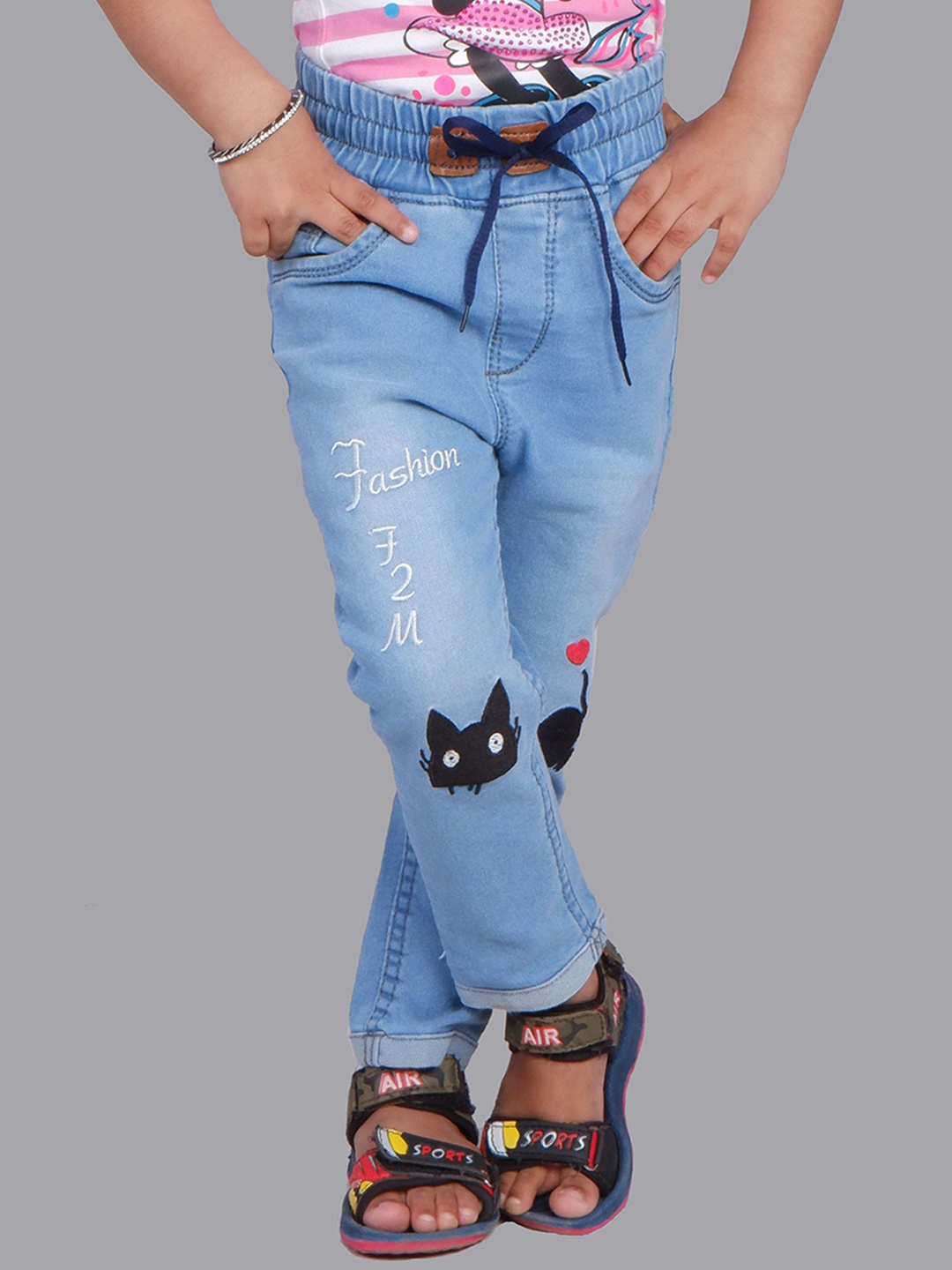 

A-Okay Girls Typography Embroidered Slim Fit Clean Look Heavy Fade Cotton Jeans, Blue