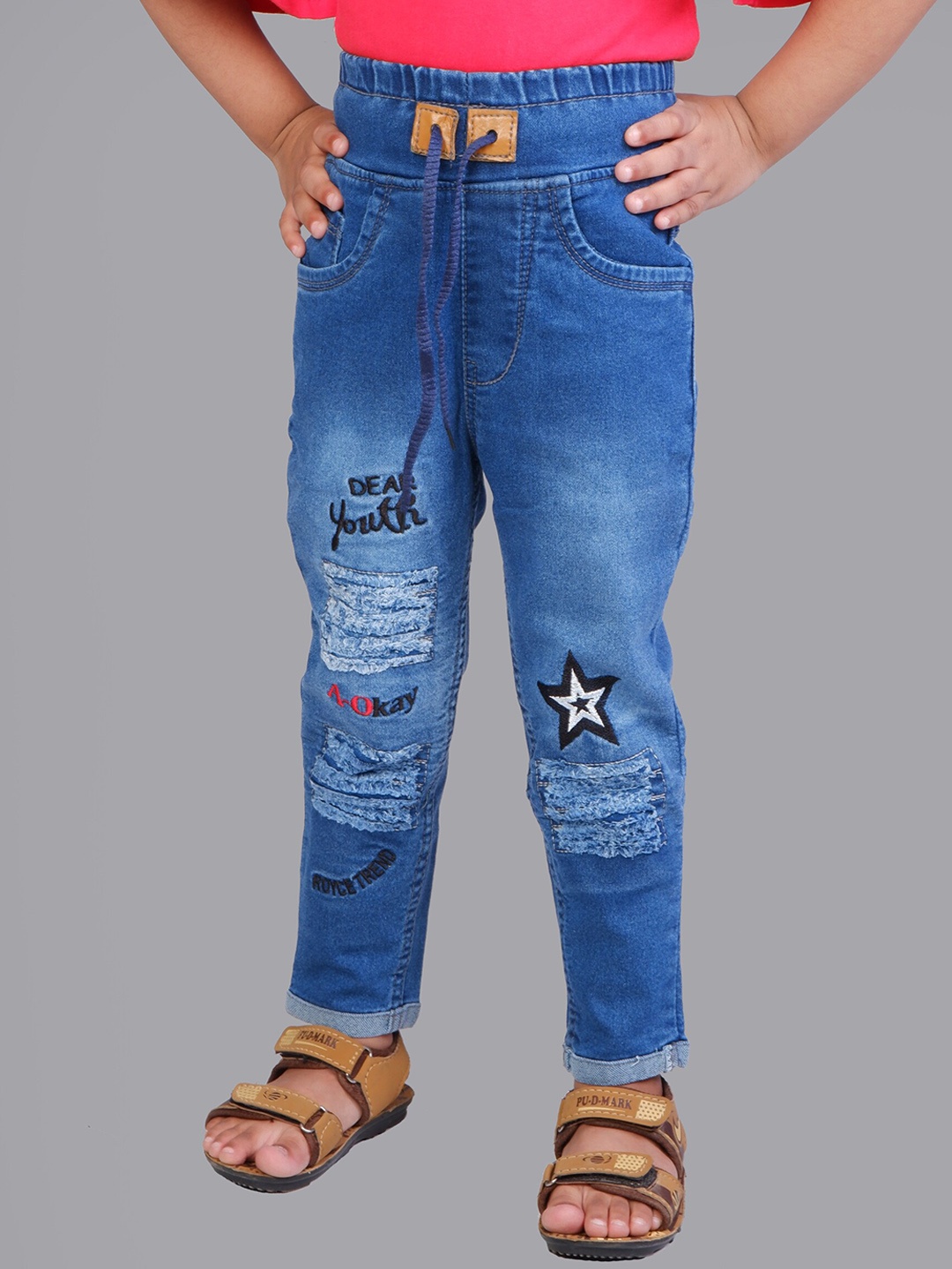 

A-Okay Girls Typography Embroidered Slim Fit High-Rise Highly Distressed Light Fade Jeans, Blue