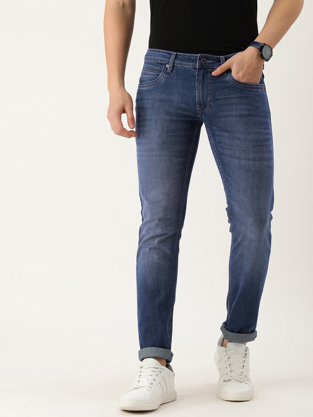 

Peter England Casuals Men Slim Fit Light Fade Stretchable Jeans, Navy blue