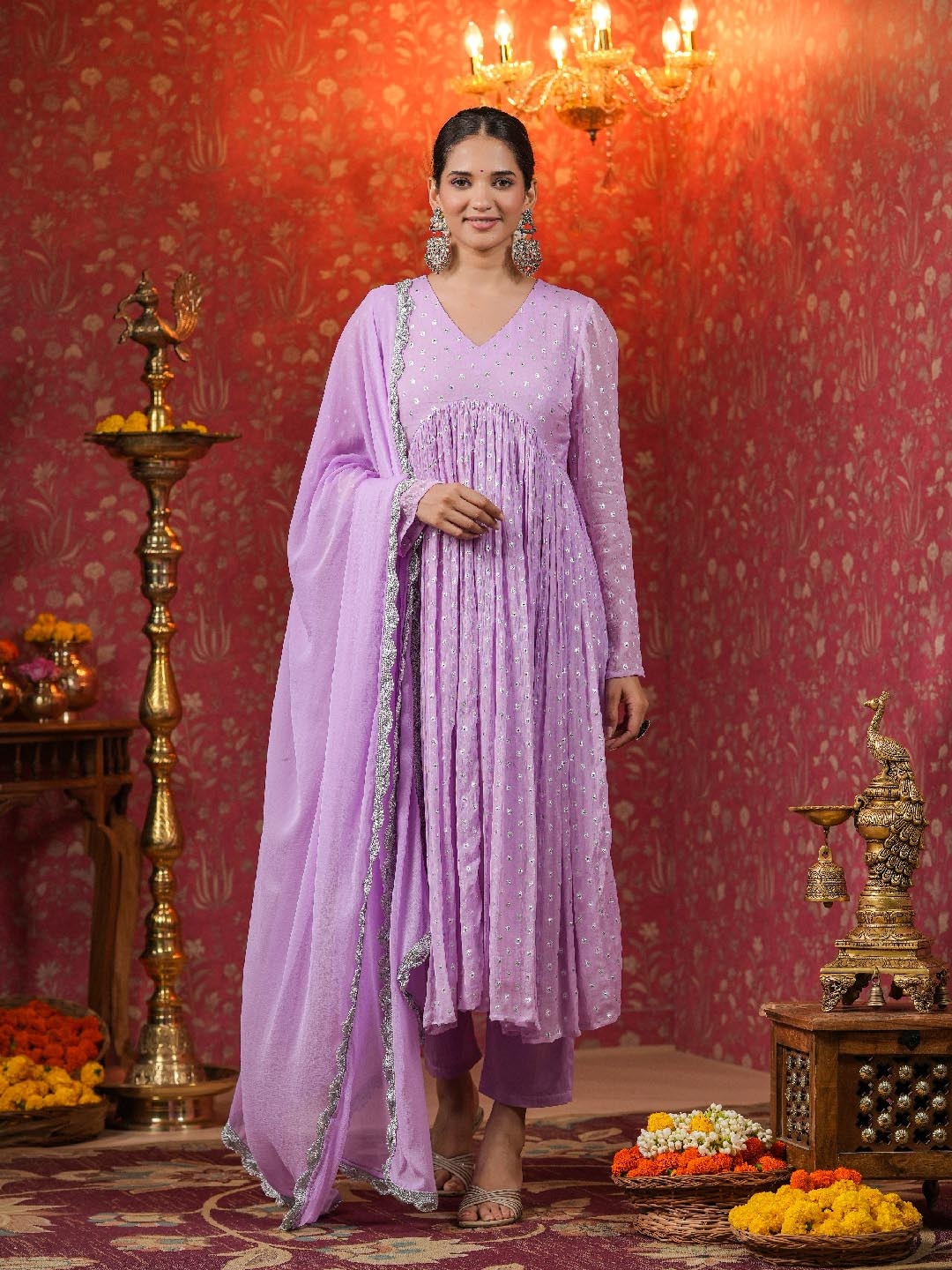 

EverBloom Geometric Embellished Gotta Patti Empire Kurta With Trousers & Dupatta, Lavender