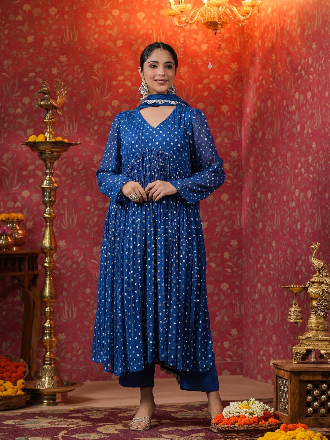 

EverBloom Geometric Embellished Gotta Patti Empire Kurta With Trousers & Dupatta, Blue