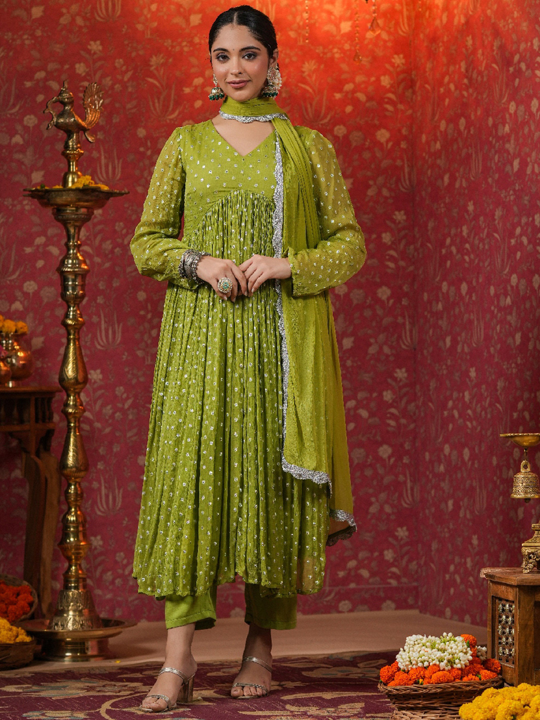 

EverBloom Ethnic Motifs Embroidered Empire Silk Chiffon Kurta With Trousers & Dupatta, Olive