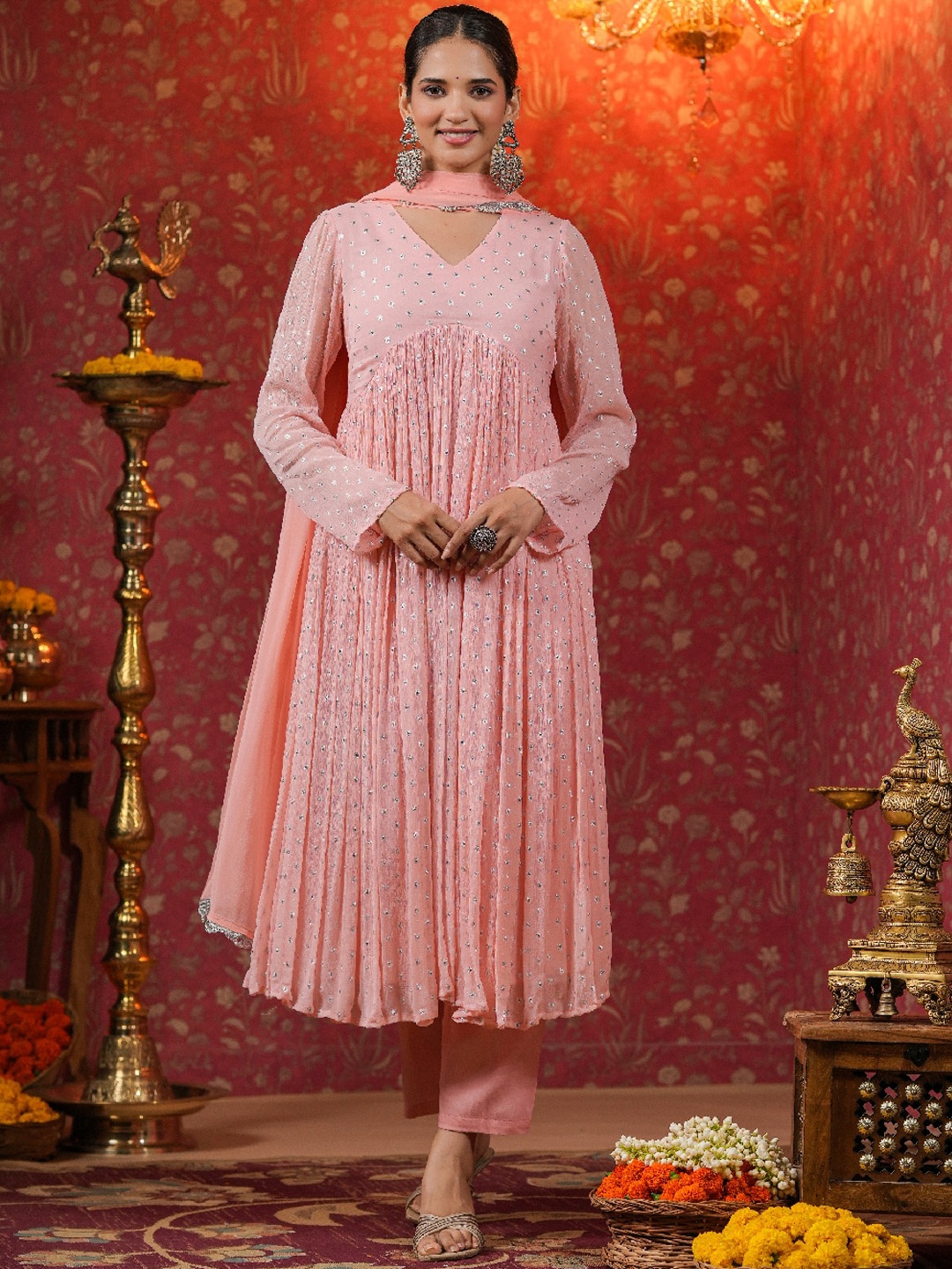 

EverBloom Ethnic Motifs Embroidered Empire Silk Chiffon Kurta With Trousers & Dupatta, Peach