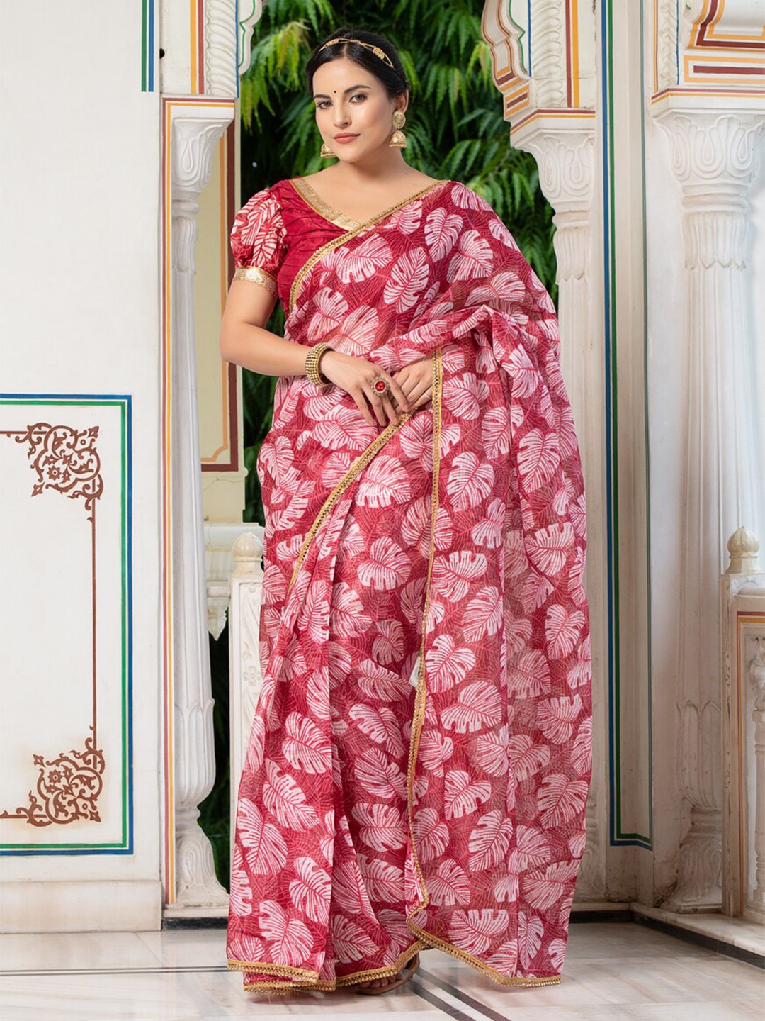 

Indi INSIDE Floral Beads & Stones Kota Saree, Red