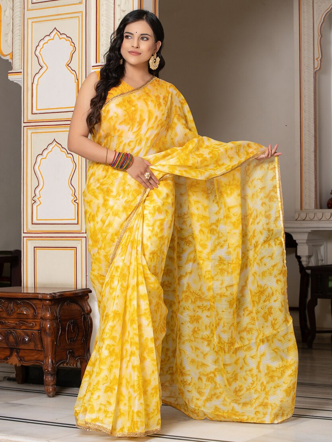 

Indi INSIDE Tie and Dye Beads and Stones Kota Saree, Yellow