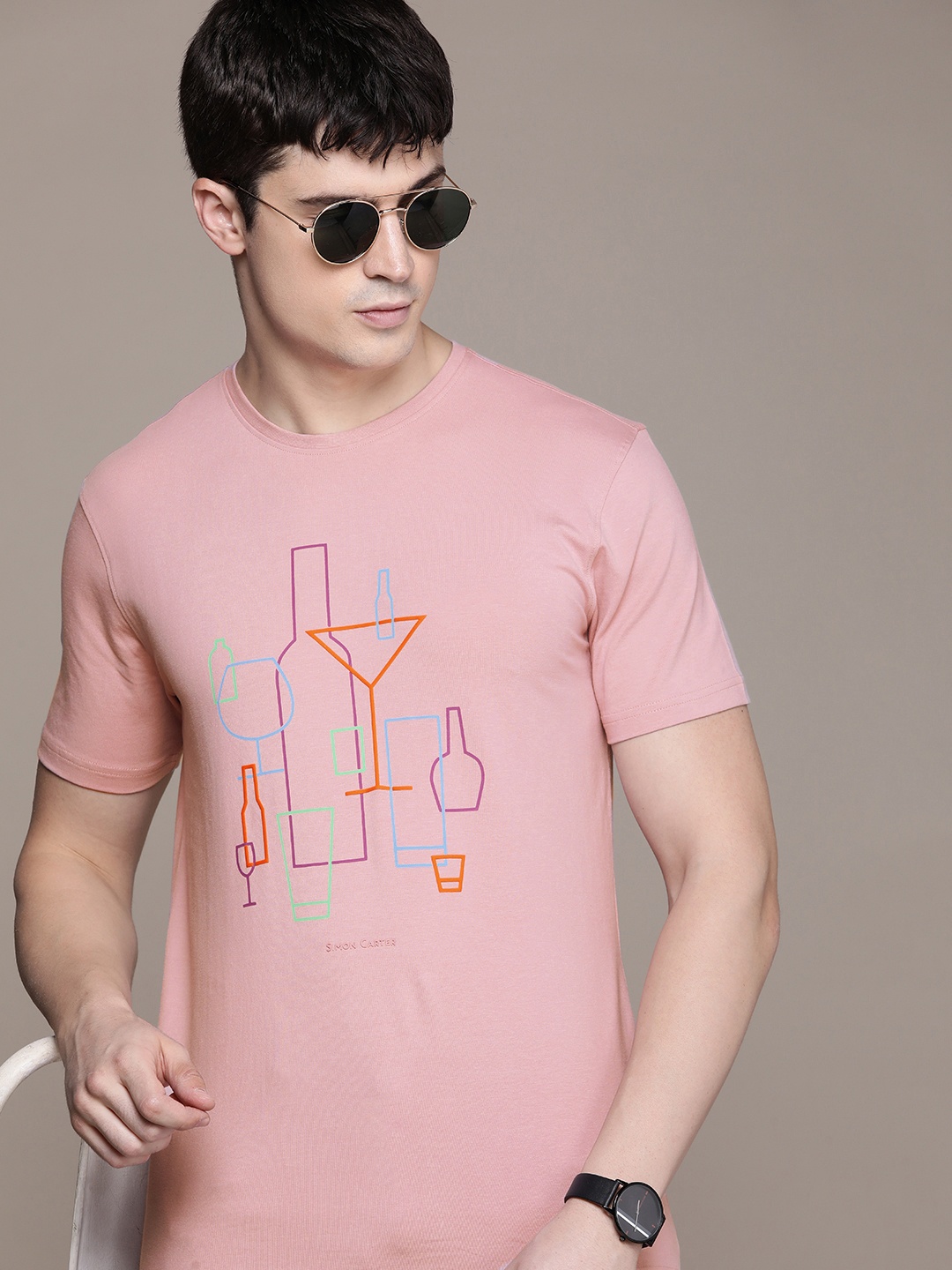 

SIMON CARTER LONDON Men Graphic Printed Slim Fit T-shirt, Pink