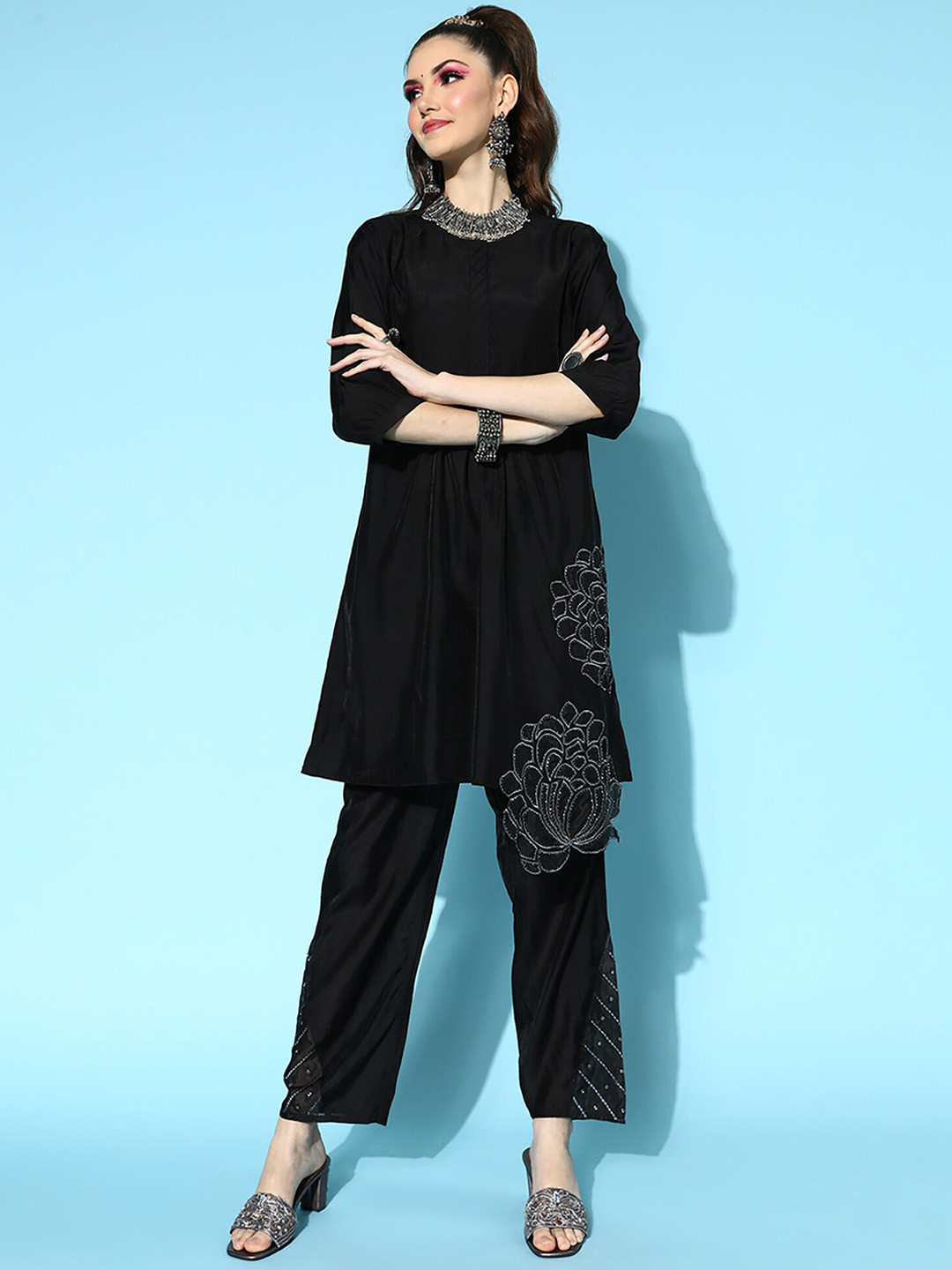 

Indo Era Floral Embroidered Tunic With Trousers Co-Ords, Black