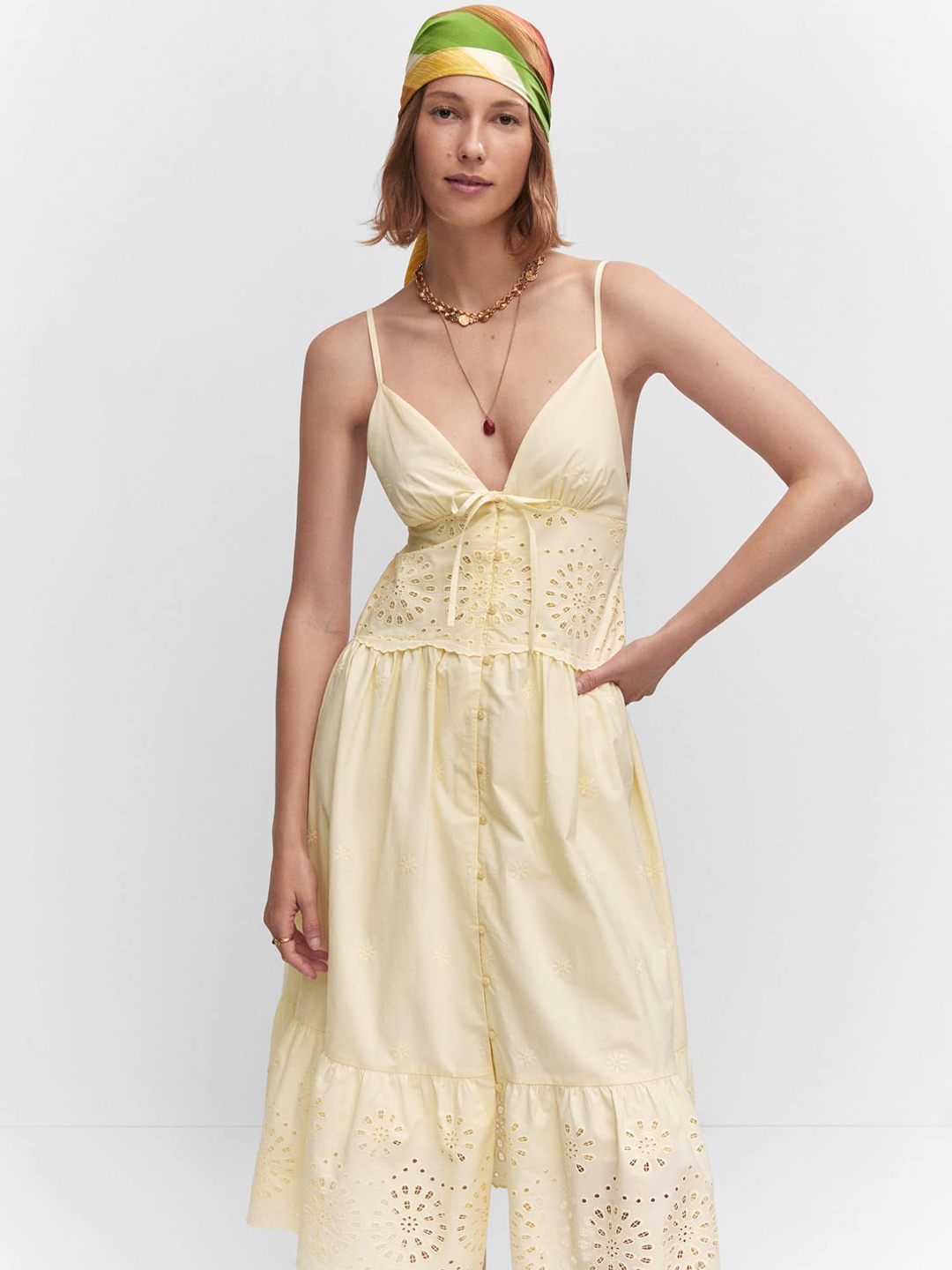MANGO Schiffli Styled-Back Cotton A-Line Midi Dress, Yellow