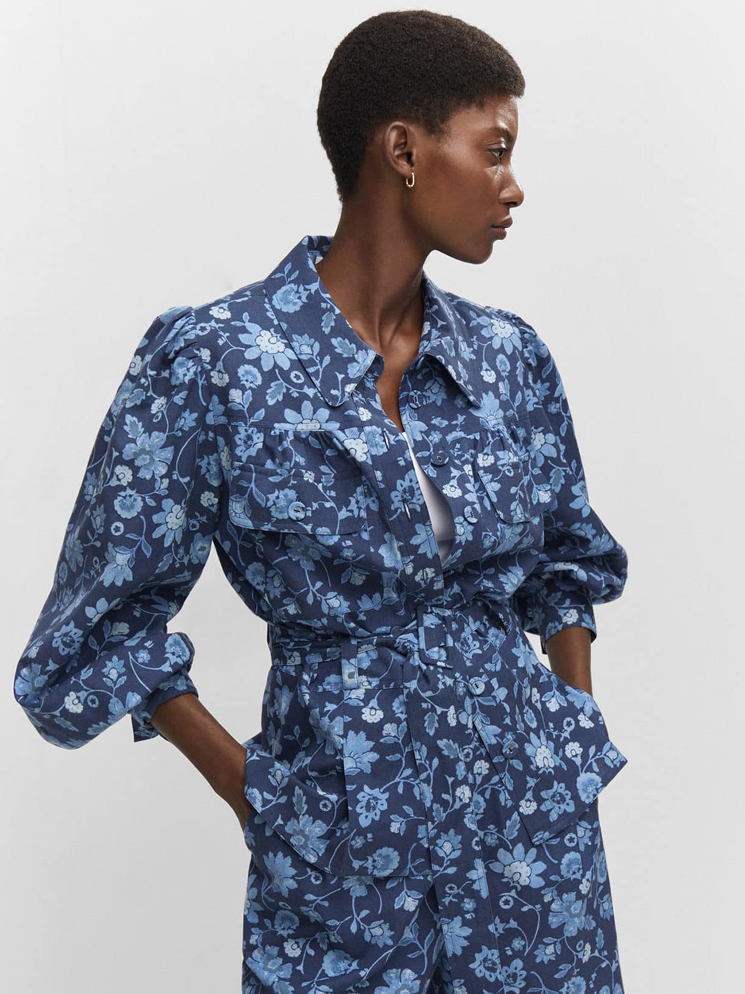 

MANGO Women Floral Shacket with Belt, Blue