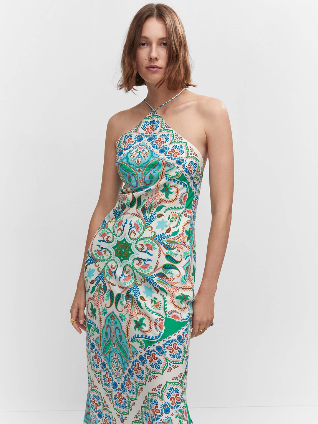 

MANGO Floral Print Halter Neck Maxi Dress, Off white