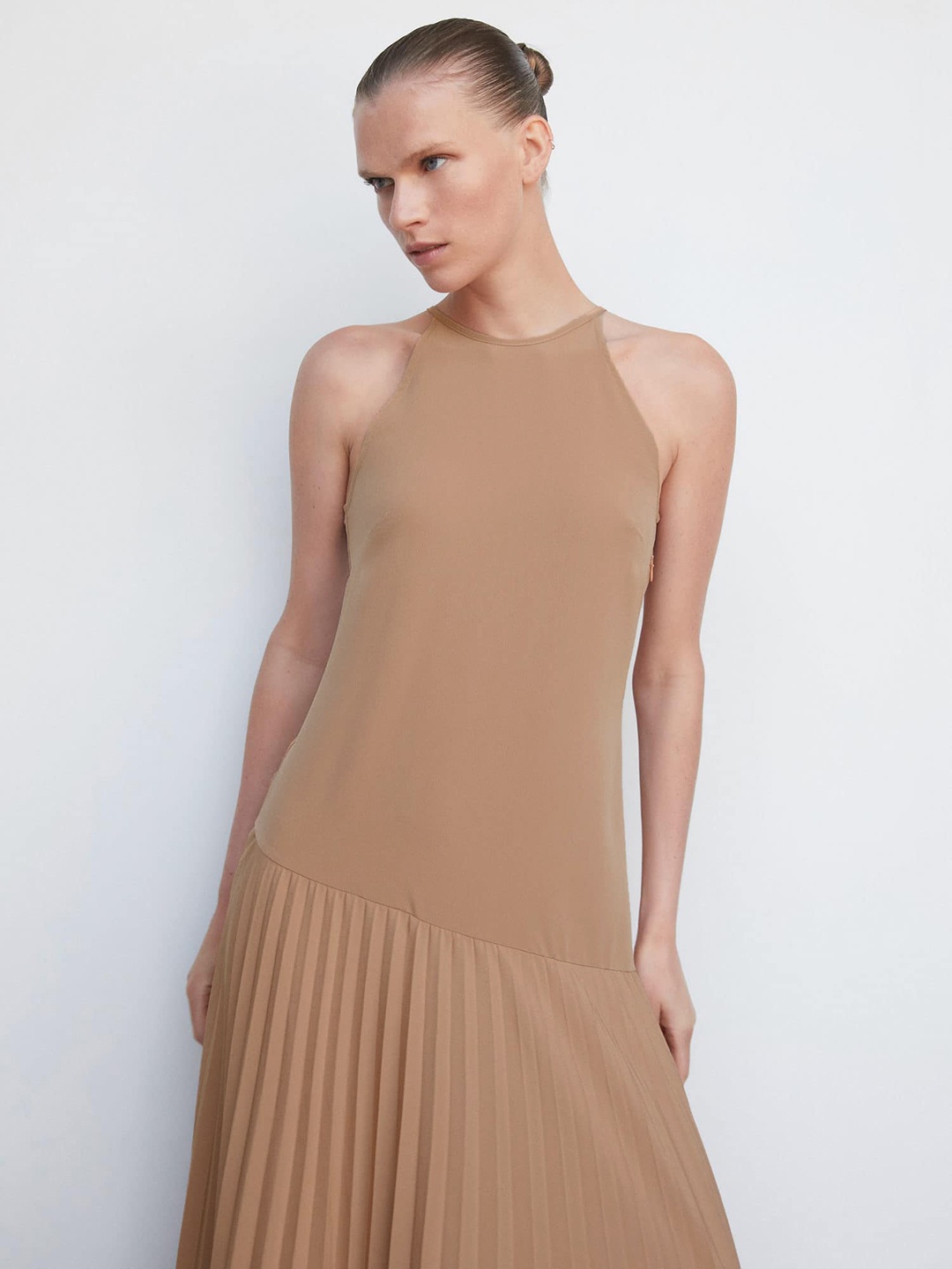 MANGO Accordion Pleats Maxi Dress, Beige