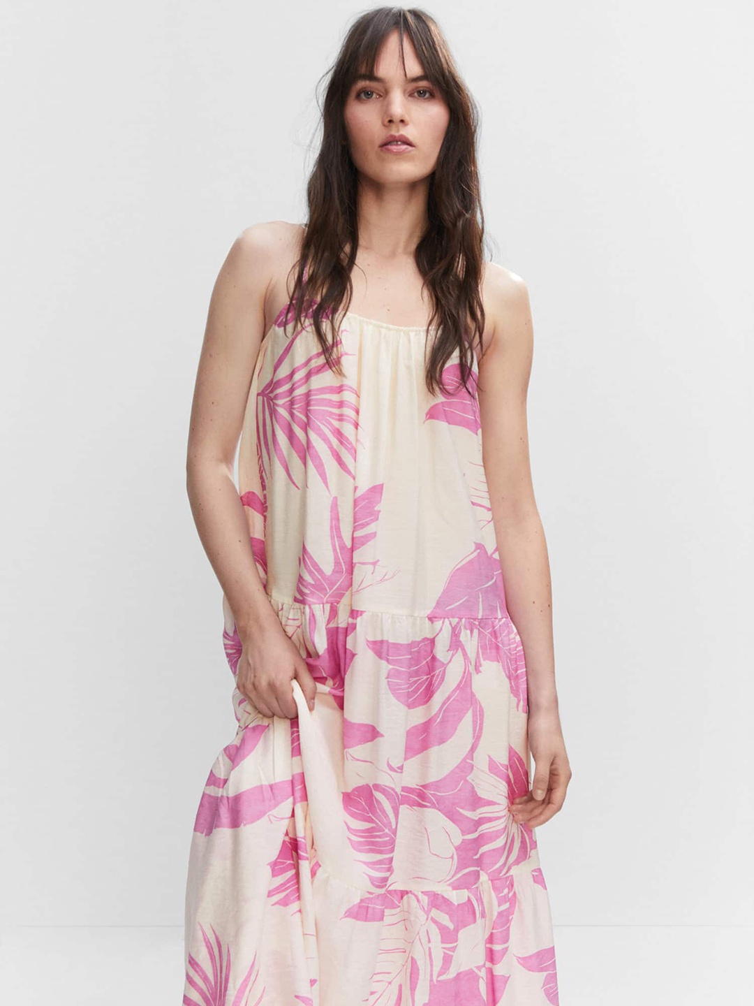 

MANGO Floral Print A-Line Tiered Maxi Dress With Gathered & Pleated Detail, White