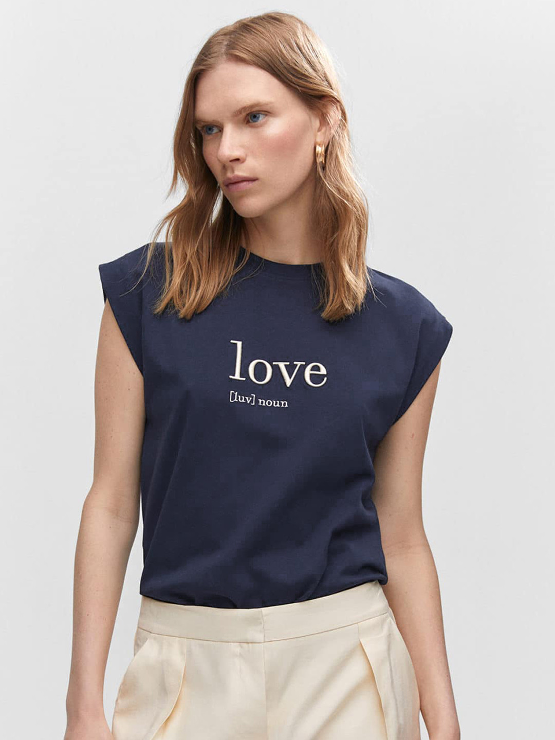 

MANGO Typography Embroidered Pure Cotton T-shirt, Navy blue