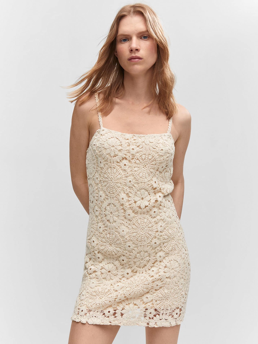 

MANGO Crochet Sheath Mini Dress, Cream