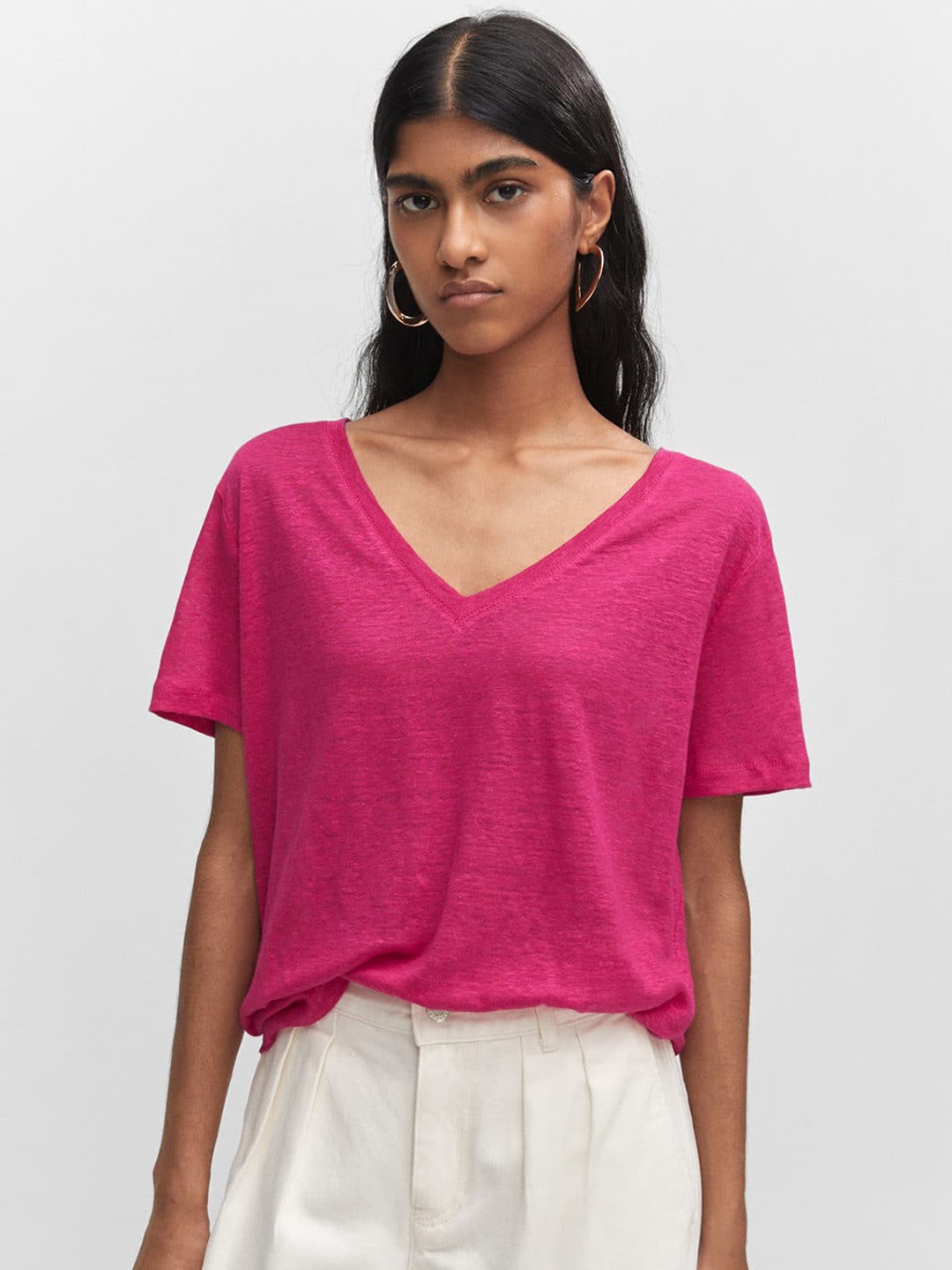 

MANGO V-Neck Linen T-shirt, Fuchsia