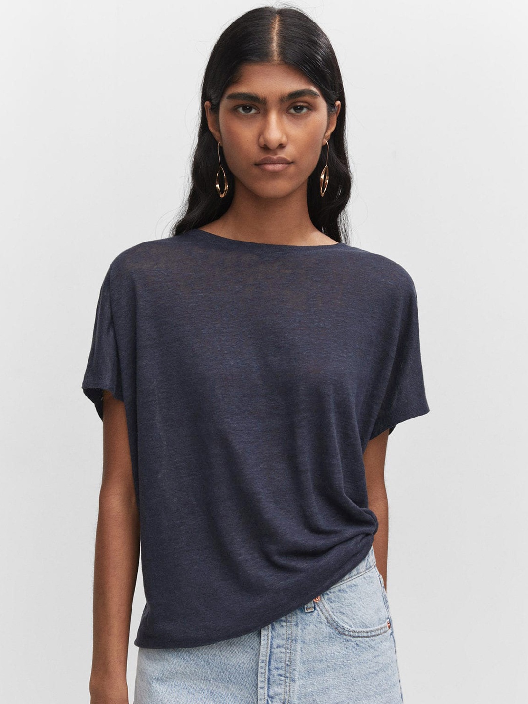 

MANGO Extended Sleeves Pure Linen T-shirt, Navy blue