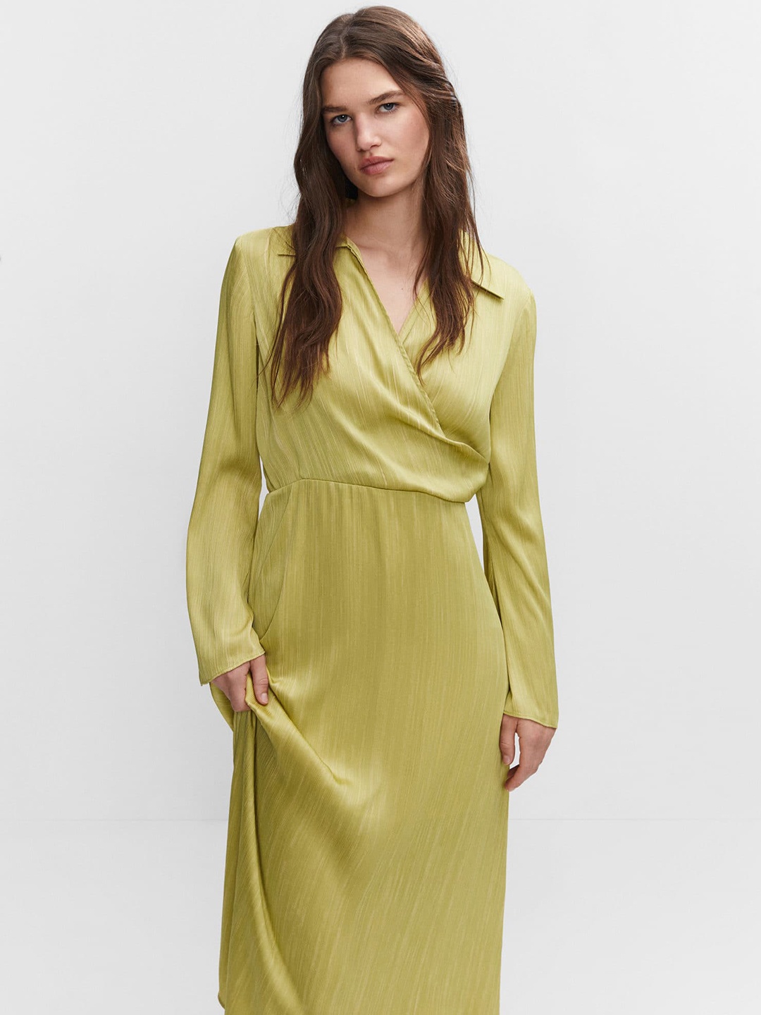 

MANGO Flared Sleeve Satin Wrap-Style Midi Dress, Lime green