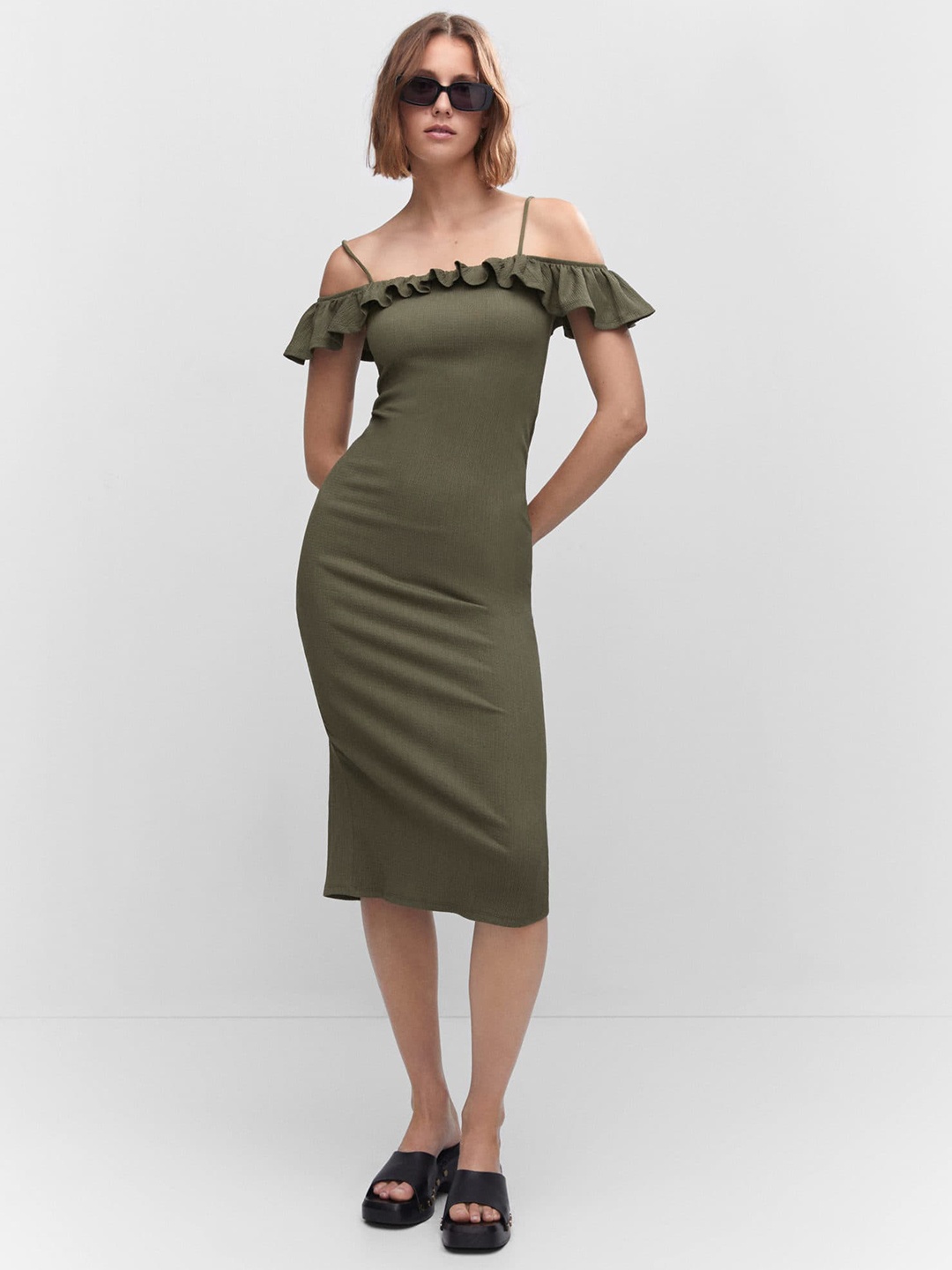 

MANGO Off-Shoulder Ruffled Bodycon Midi Dress, Olive