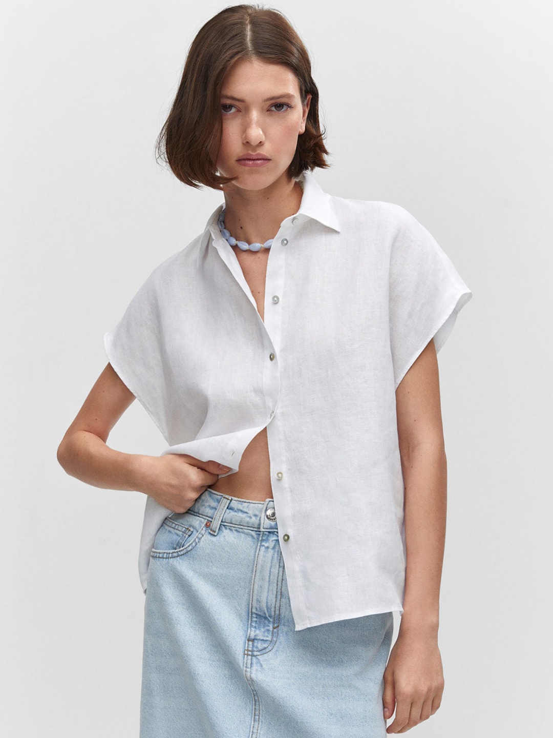 

MANGO Women Pure Linen Extended Sleeves Casual Shirt, White