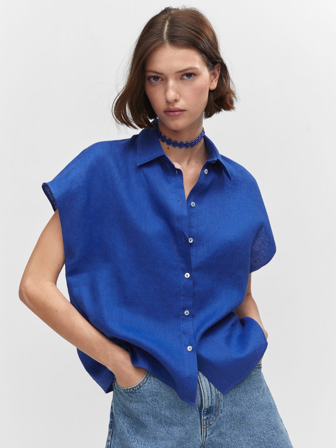 

MANGO Women Pure Linen Extended Sleeves Casual Shirt, Blue