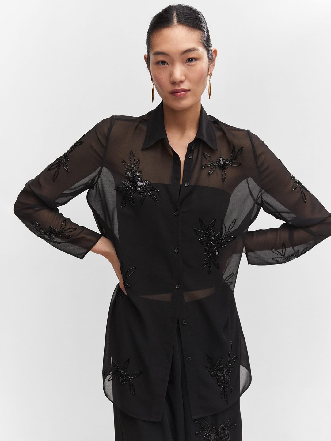 

MANGO Women Embellished Semi Sheer Longline Oversized Shirt, Black