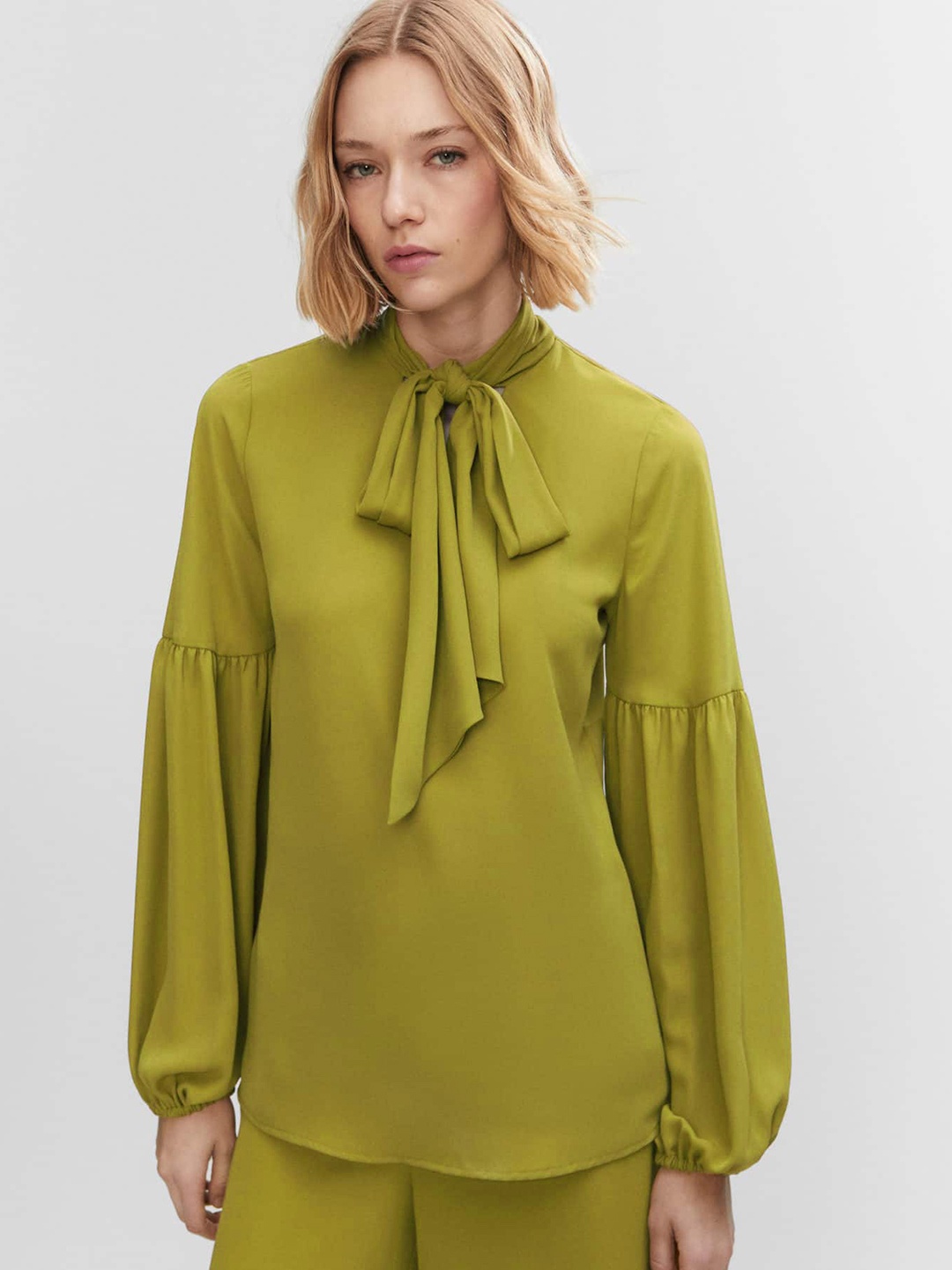 

MANGO Tie-Up Neck Puff Sleeves Regular Top, Green