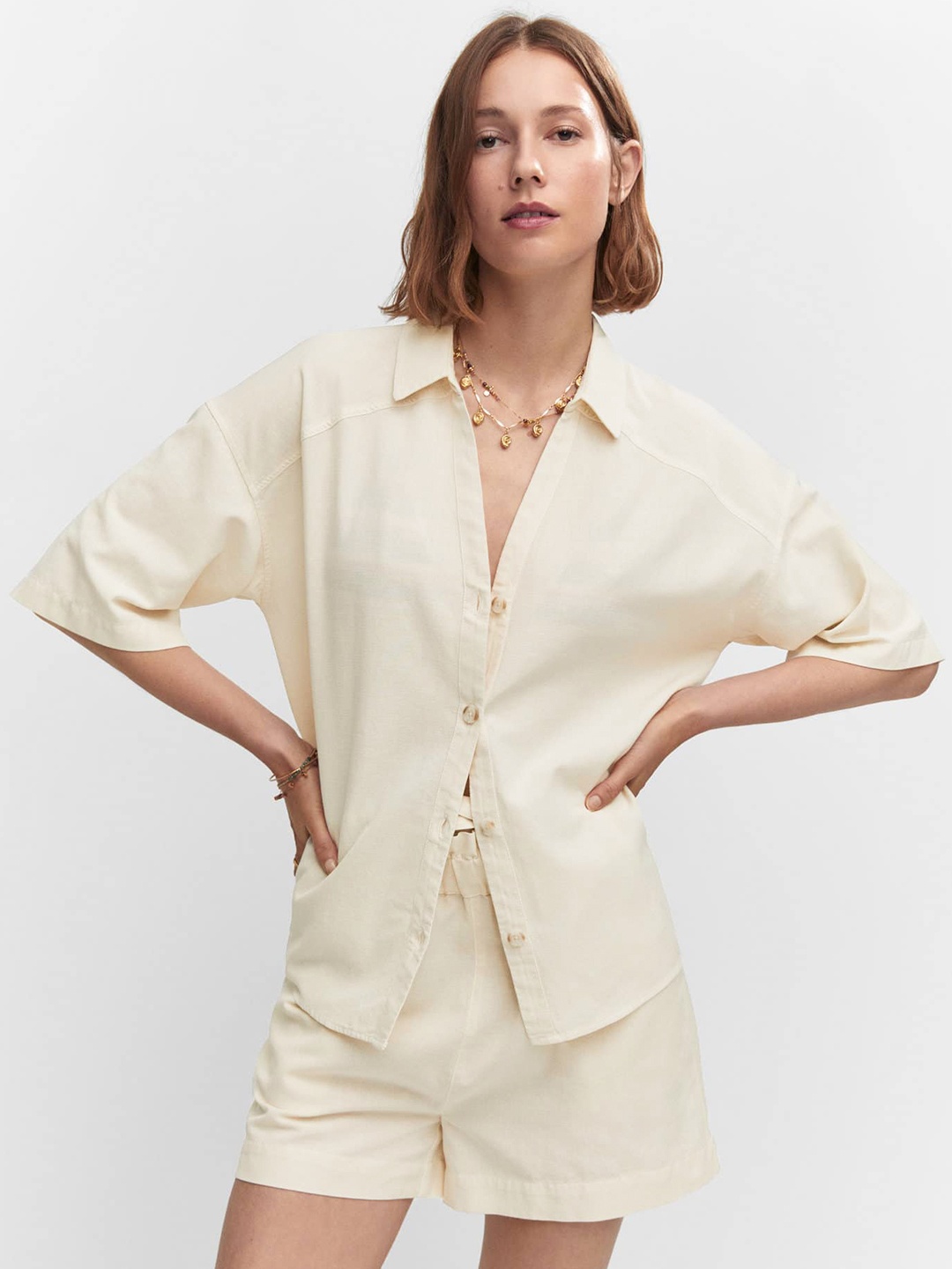 

MANGO Spread Collar Casual Shirt, Beige
