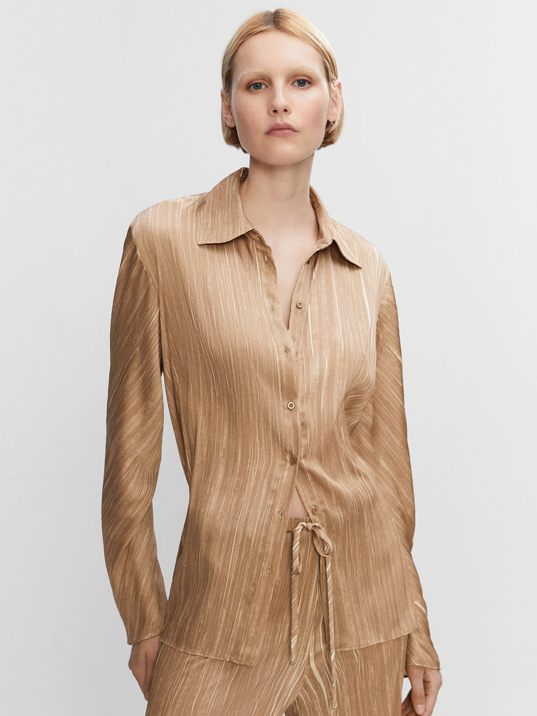 

MANGO Satin Striped Longline Casual Shirt, Brown