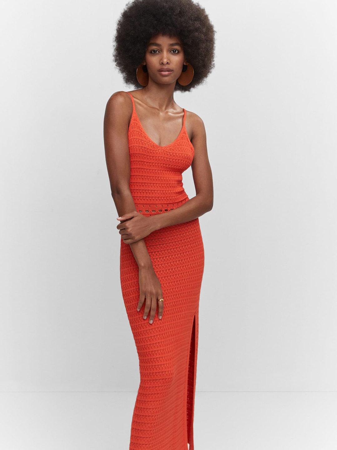 

MANGO Crochet Knit Sheath Midi Dress with Side Slit Detail, Orange